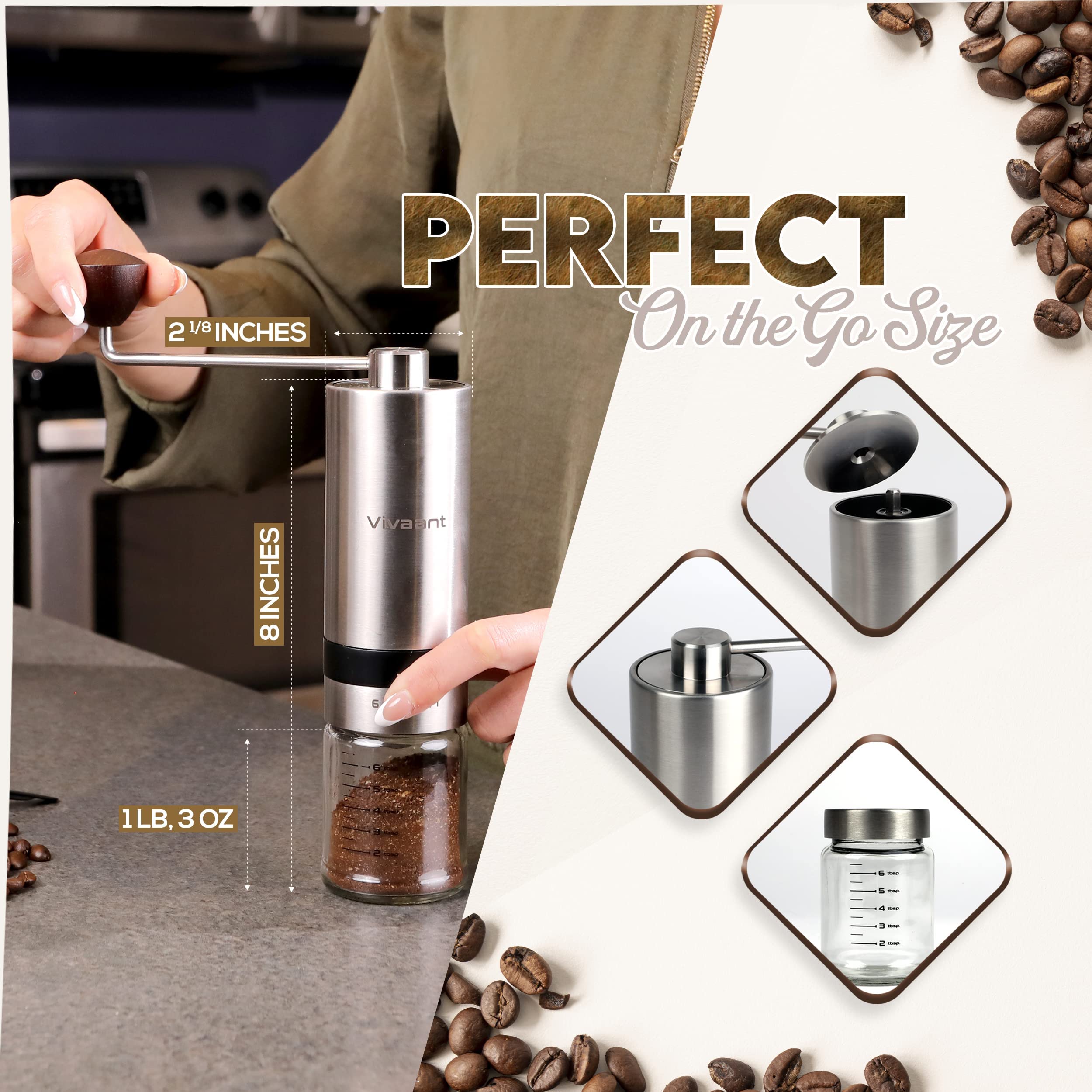 Vivaant Manual Coffee Grinder - Hand Coffee Grinder With Adjustable Dragon Tooth Stainless Steel Conical Burr, No-Power, Manual