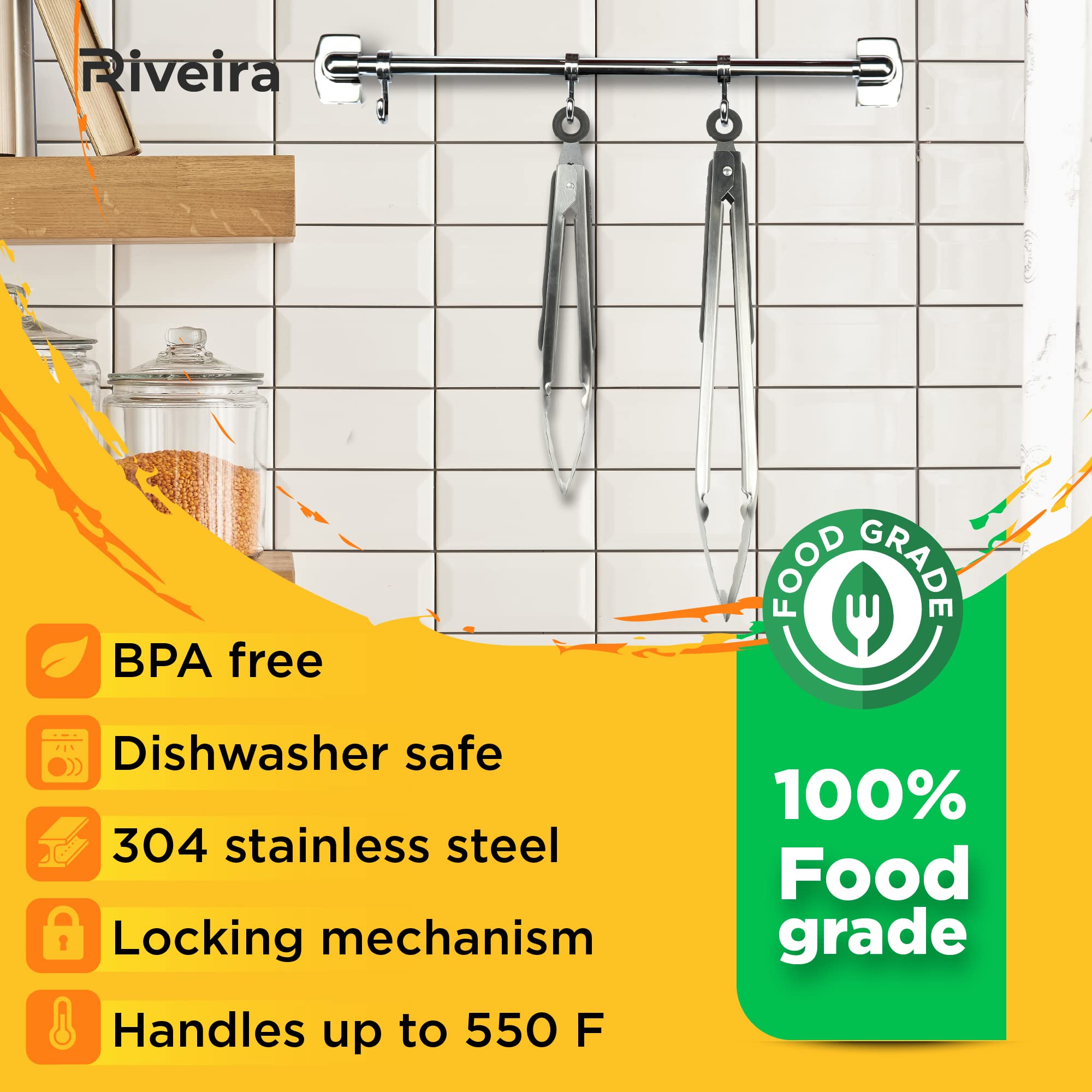 Riveira Stainless Steel Tongs For Cooking 9 And 12 Inch | Non-Stick Kitchen Grill Tongs | Bbq Tongs For Grill | 550F High Heat-R