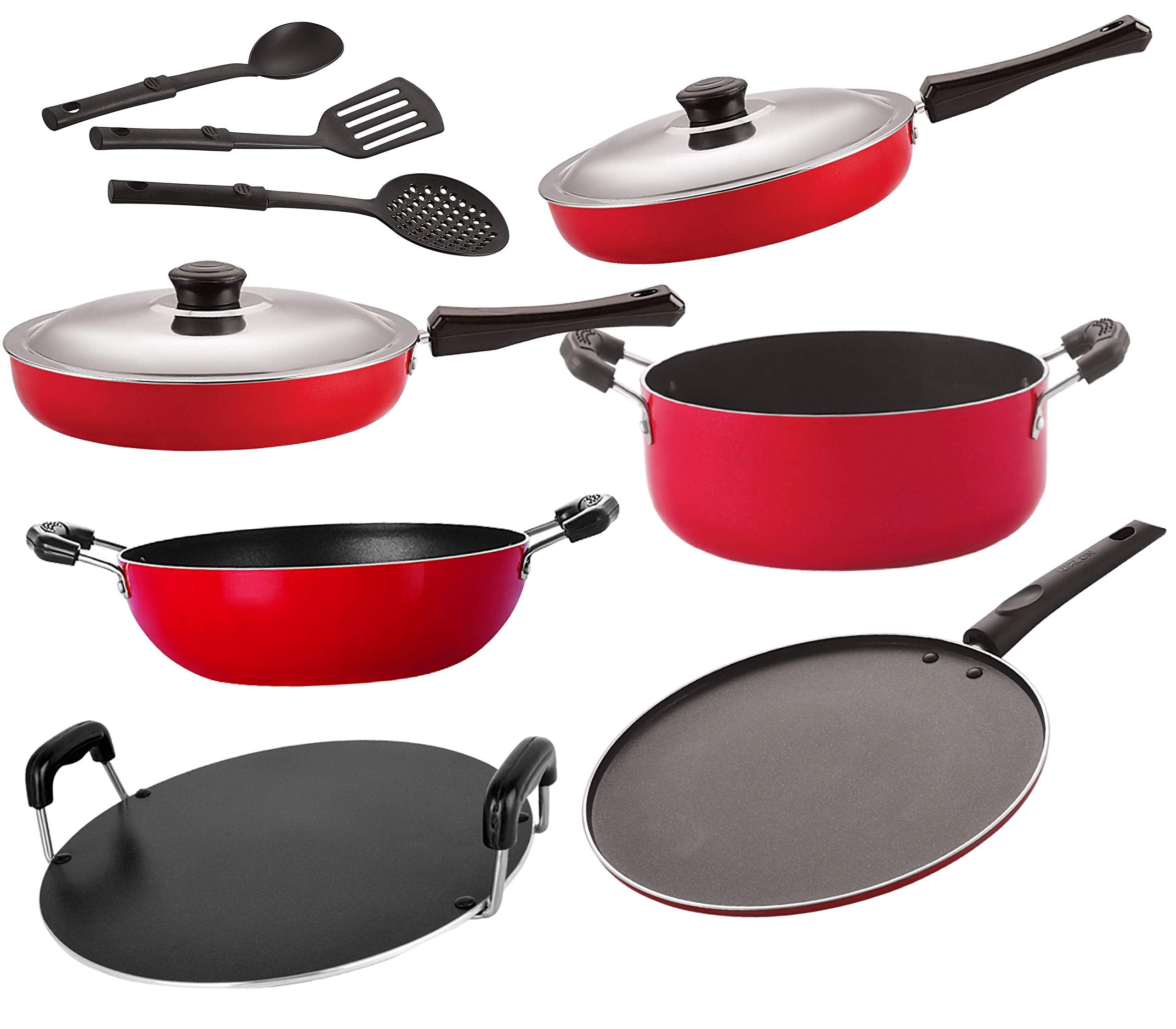 Nirlon Nonstick Aluminium Non Induction Cookware Set 9 Pieces [26_Fp12_Fp13_Kd12_Rt_Cass20_St11_3Spn]