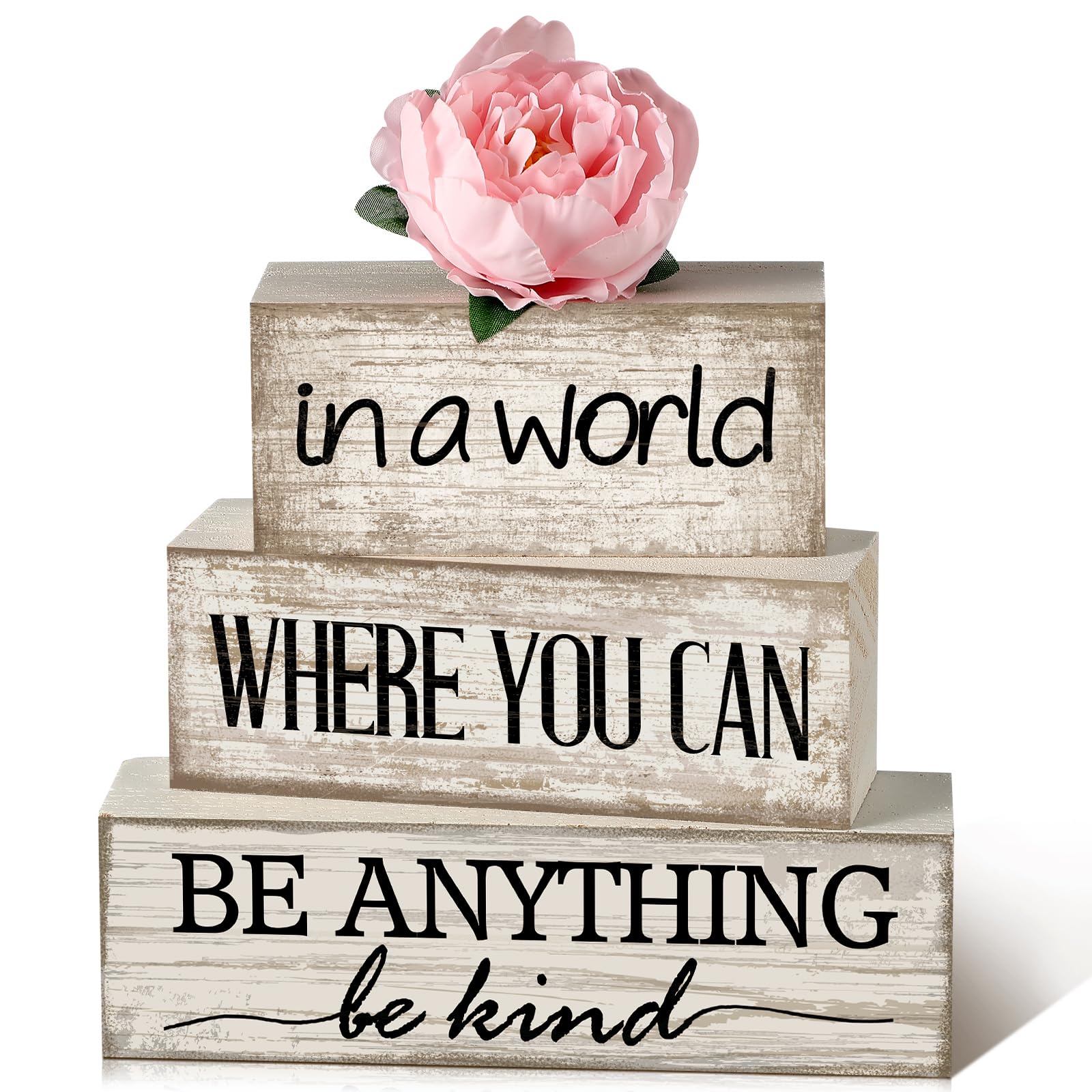 Yuntau 4 Pcs Farmhouse Flower Wooden Tabletop Decor Farmhouse Tiered Tray Decor Rustic Faux Decorative Wood Block Sign Inspired 