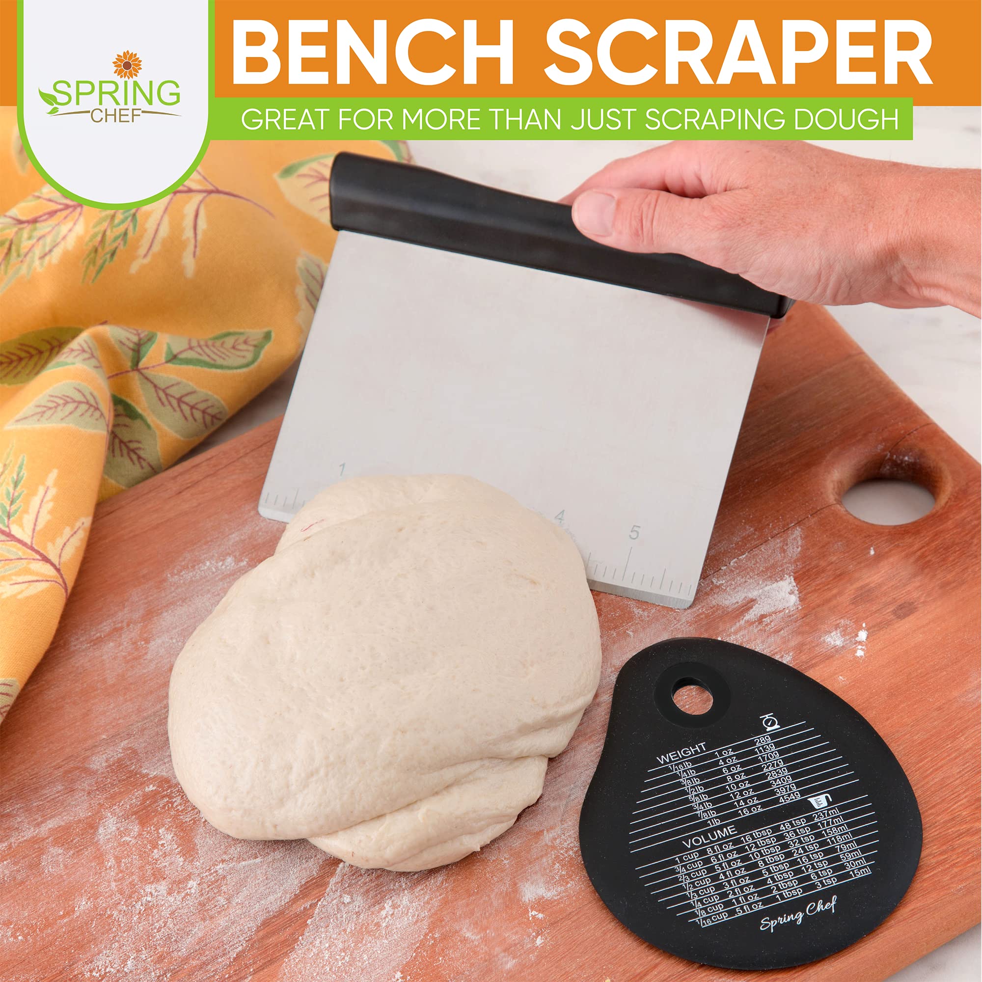 Spring Chef - Bench Scraper  Stainless Steel Scraper  Pastry Scraper  Pizza and Dough Cutter  With Bonus Bowl Scraper  Black