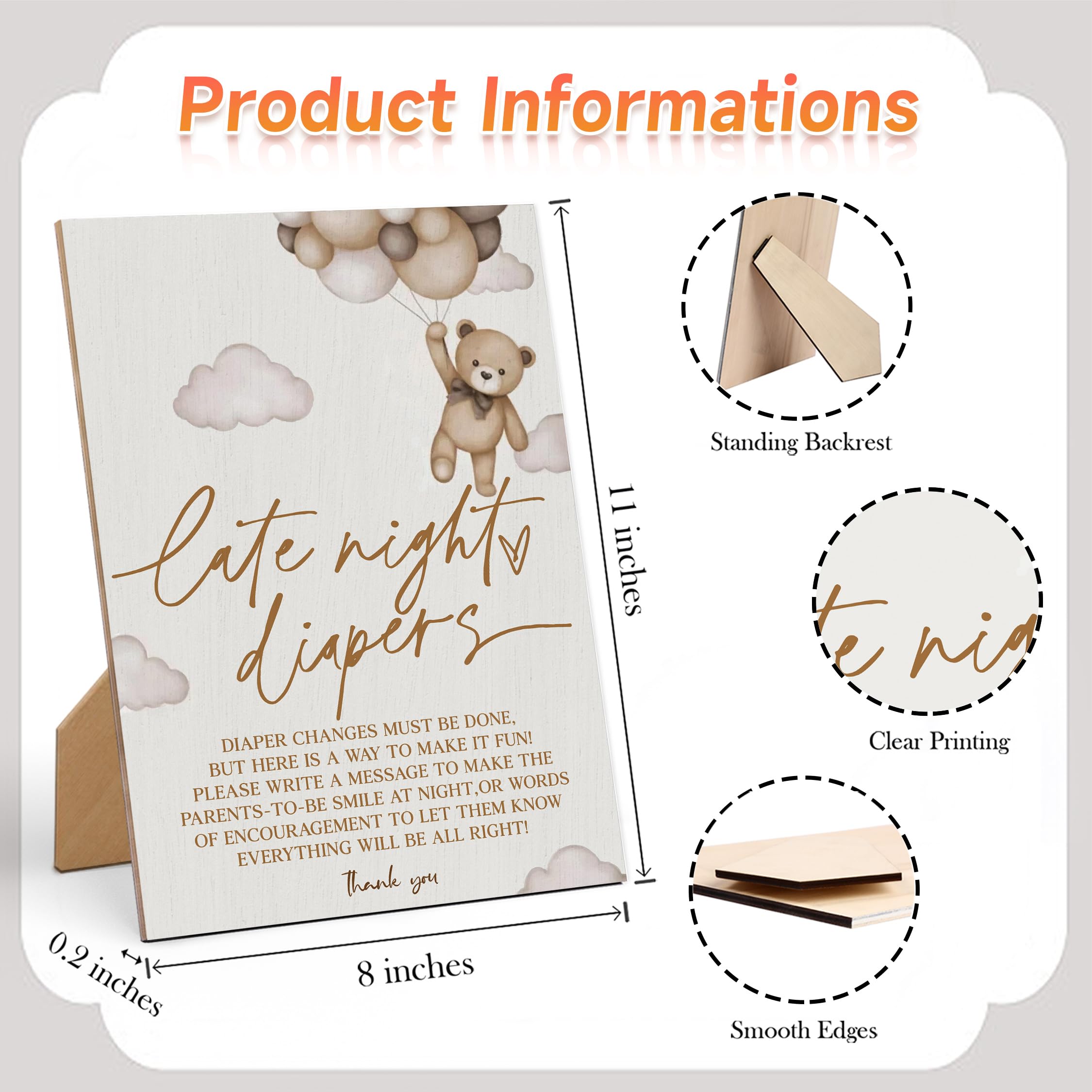 Baby Shower Games Late Night Diapers Sign-8  11 Inches, Little Bear Wooden Sign, Gender Neutral Tabletop Decor for Gender Reveal