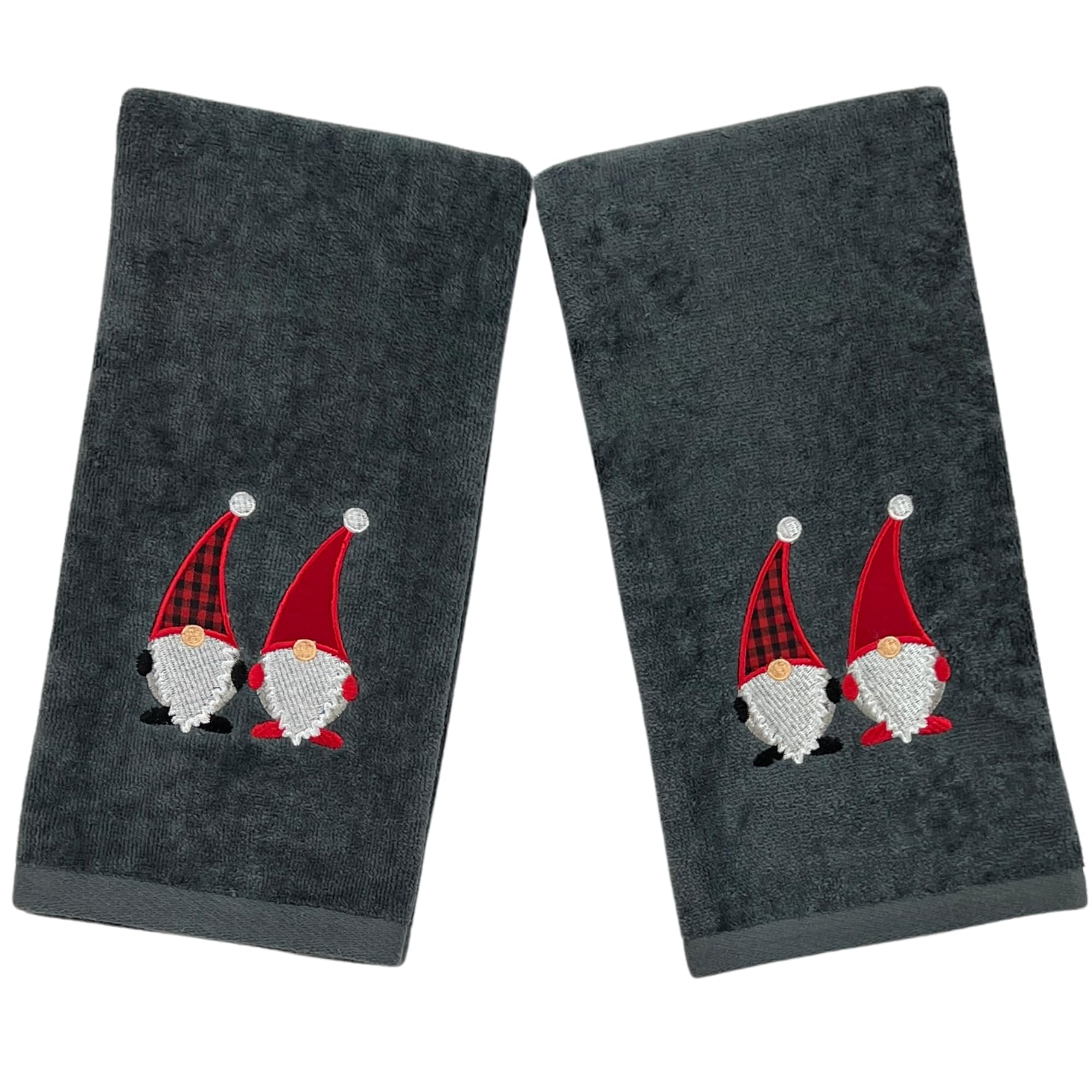 Christmas Gnomes Towel Set: Dark Grey Hand Towels With Red White Embroidery Jolly Nordic Gnome, Set Of 2