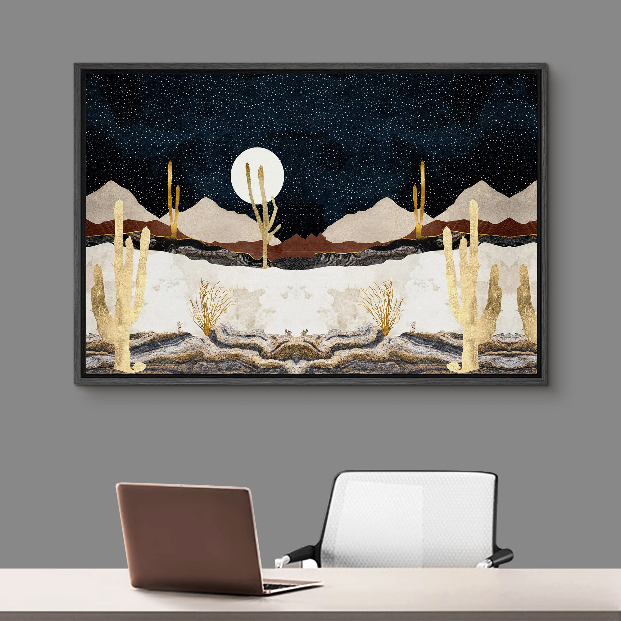 Signford Framed Canvas Print Wall Art Marble Effect Desert Landscape At Night Abstract Wilderness Illustrations Modern Art Rusti