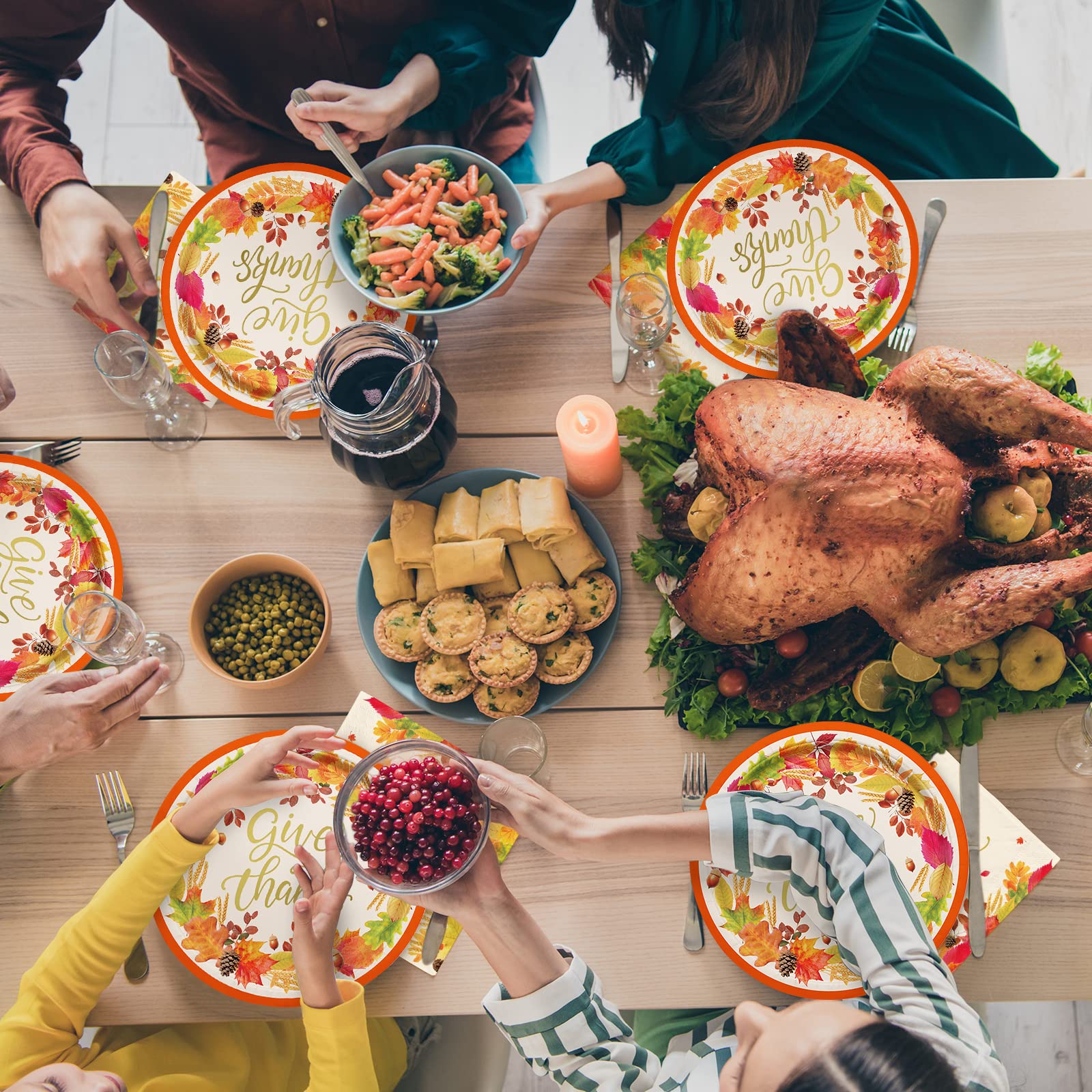 Fall Theme Thanksgiving Party Supplies Kit, Serve 50, Autumn Harvest Disposable Dinnerware Includes: Paper Dinner Plates, Desser