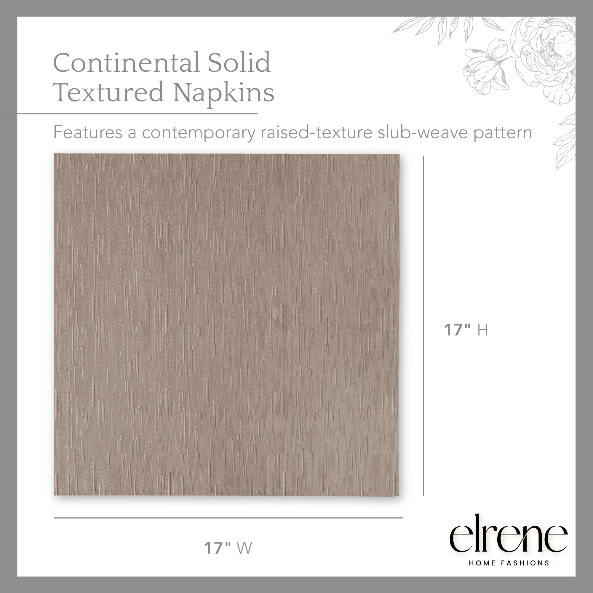 Elrene Home Fashions Continental Solid Texture Water And Stain Resistant Fabric Dining Napkins, Set Of 4, 17''X17'', Taupe