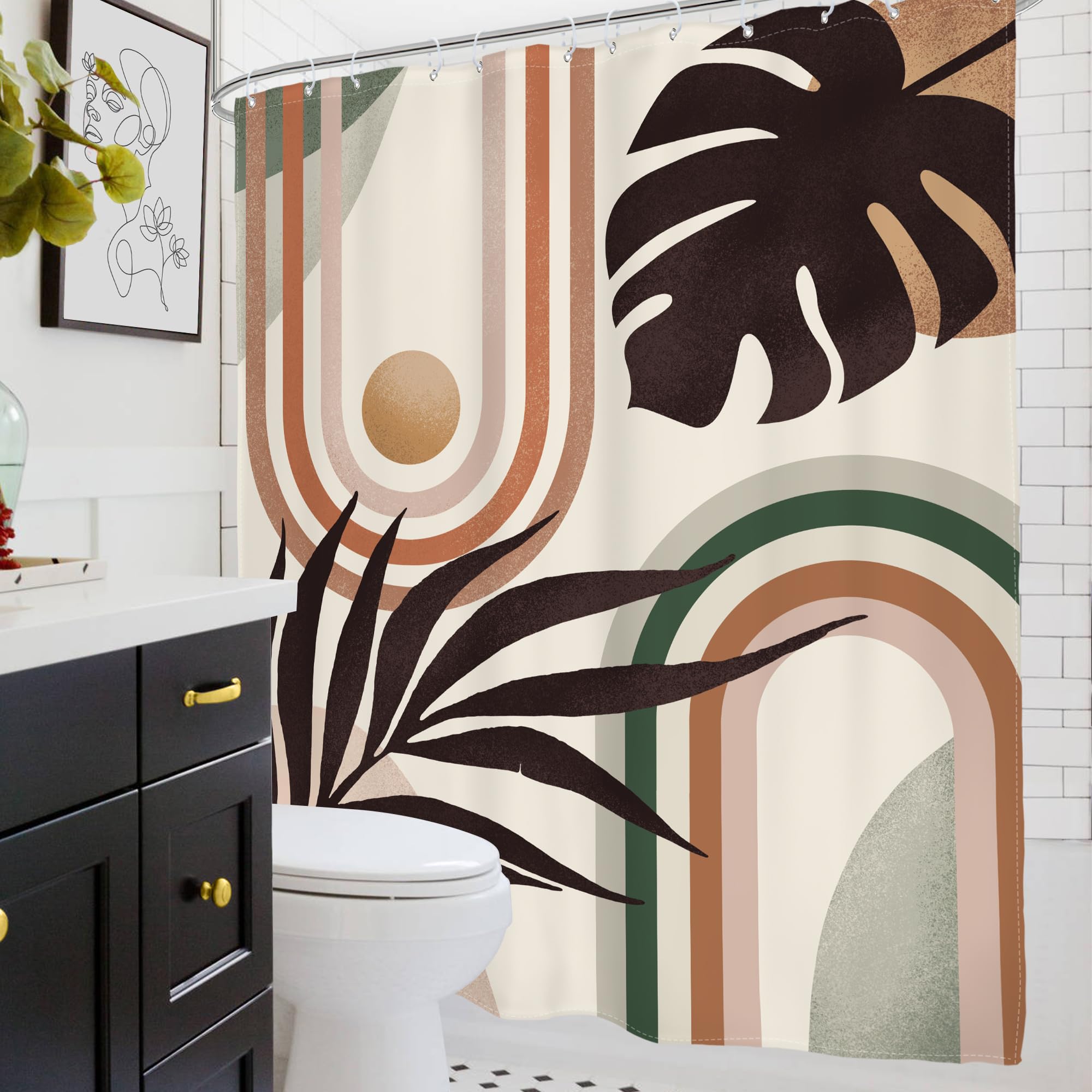 Glawry Boho Mid Century Shower Curtain Abstract Tropical Plant Minimalist Bohemian Botanical Palm Leaf Bathroom Modern Geometric