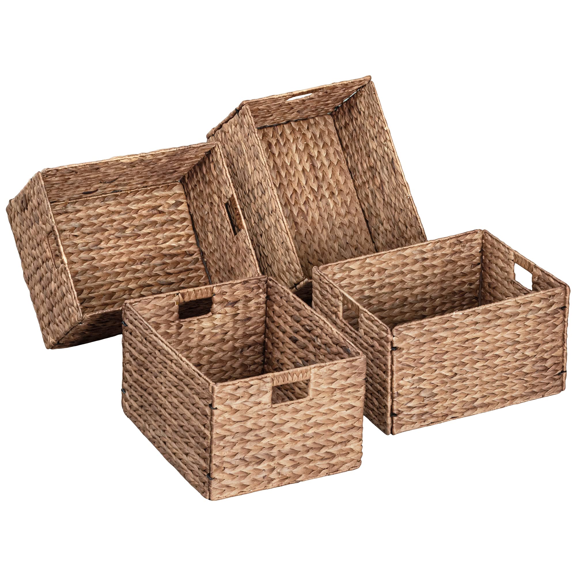Ehemco Rectangular Water Hyacinth Wicker Storage Baskets With Iron Wire Frame And Built-In Handles 16.1''X12.6''X9.5'', Light Br
