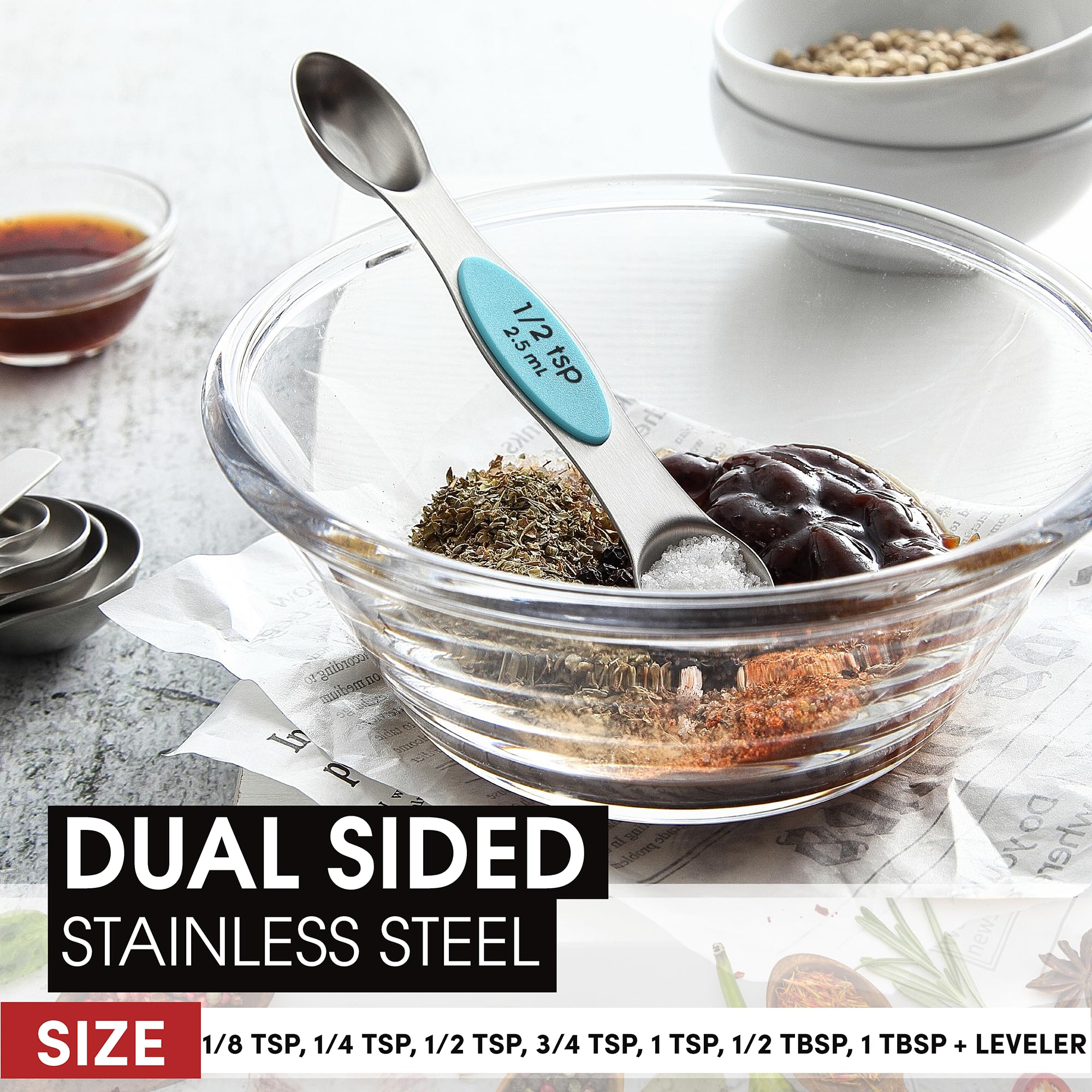 Spring Chef Magnetic Measuring Spoons Set, Dual Sided, Stainless Steel, Fits In Spice Jars, Blue - Aqua Sky, Set Of 8