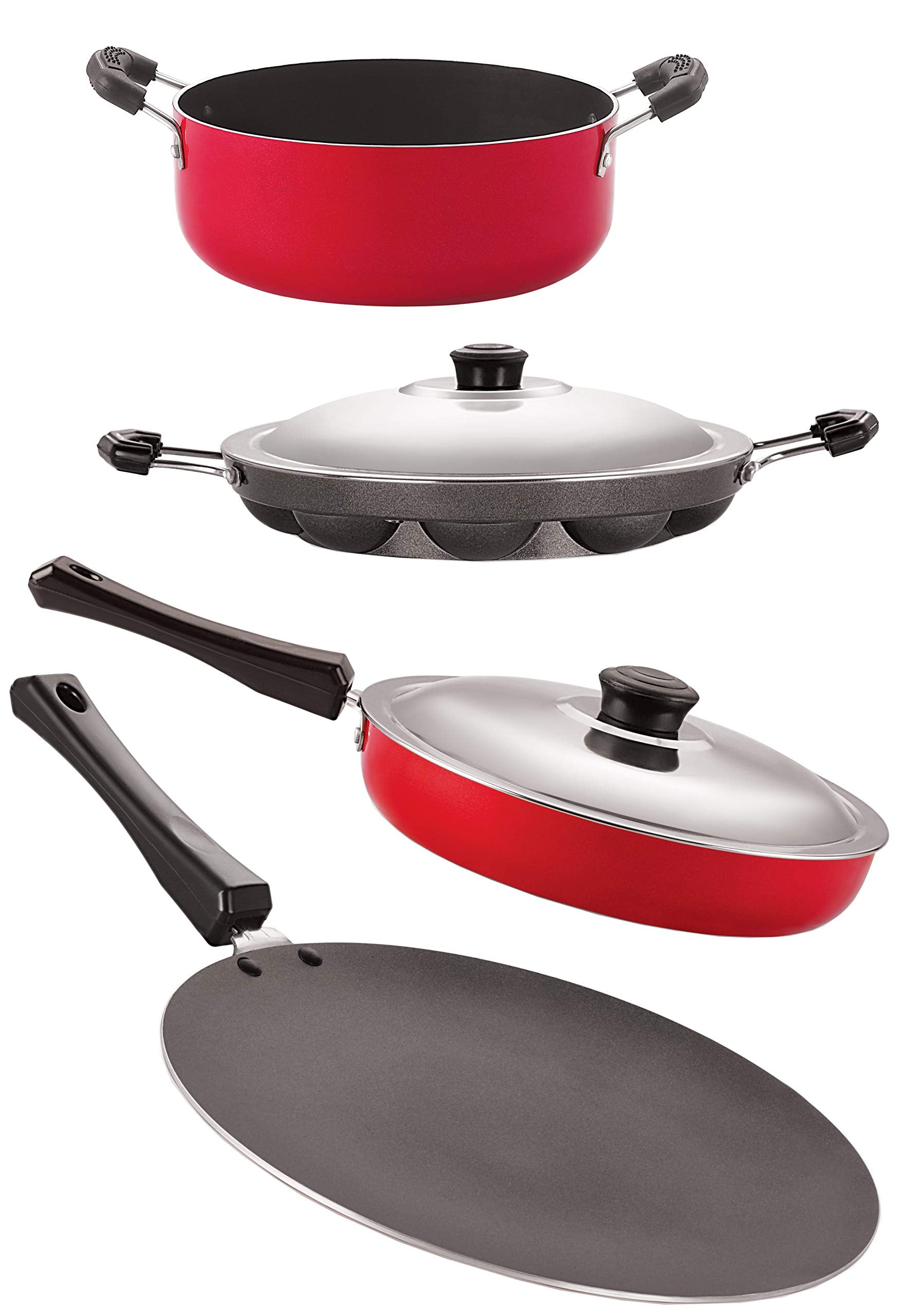 Nirlon NonStick Aluminium Cookware Set, 4Pieces, Red And Black (2.6Mm_Ct_Fp12_Appam_Cass22)