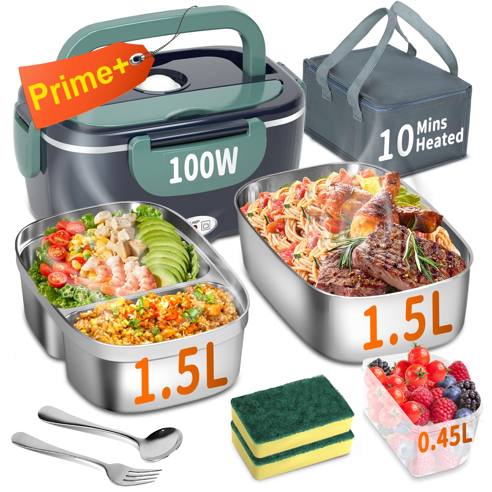 Ifenrol - 100W Electric Heated Lunch Box - 3 In 1 Fast Heating Lunch Box Portable For Adults 12V/24V/110V With 2 Containers (Sin