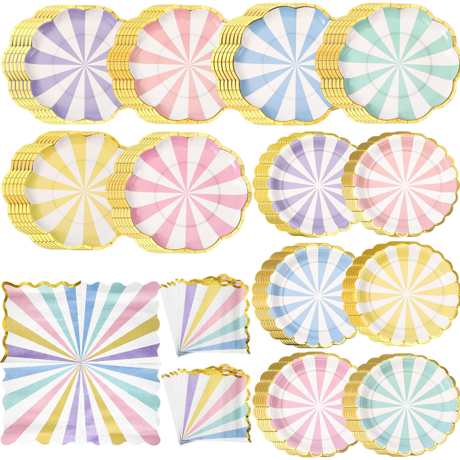 Skybooly 72 Pcs 24 Guests Pastel Striped Plates and Napkins Party Supplies Scalloped Pastel Carnival Paper Plates Napkins Colore