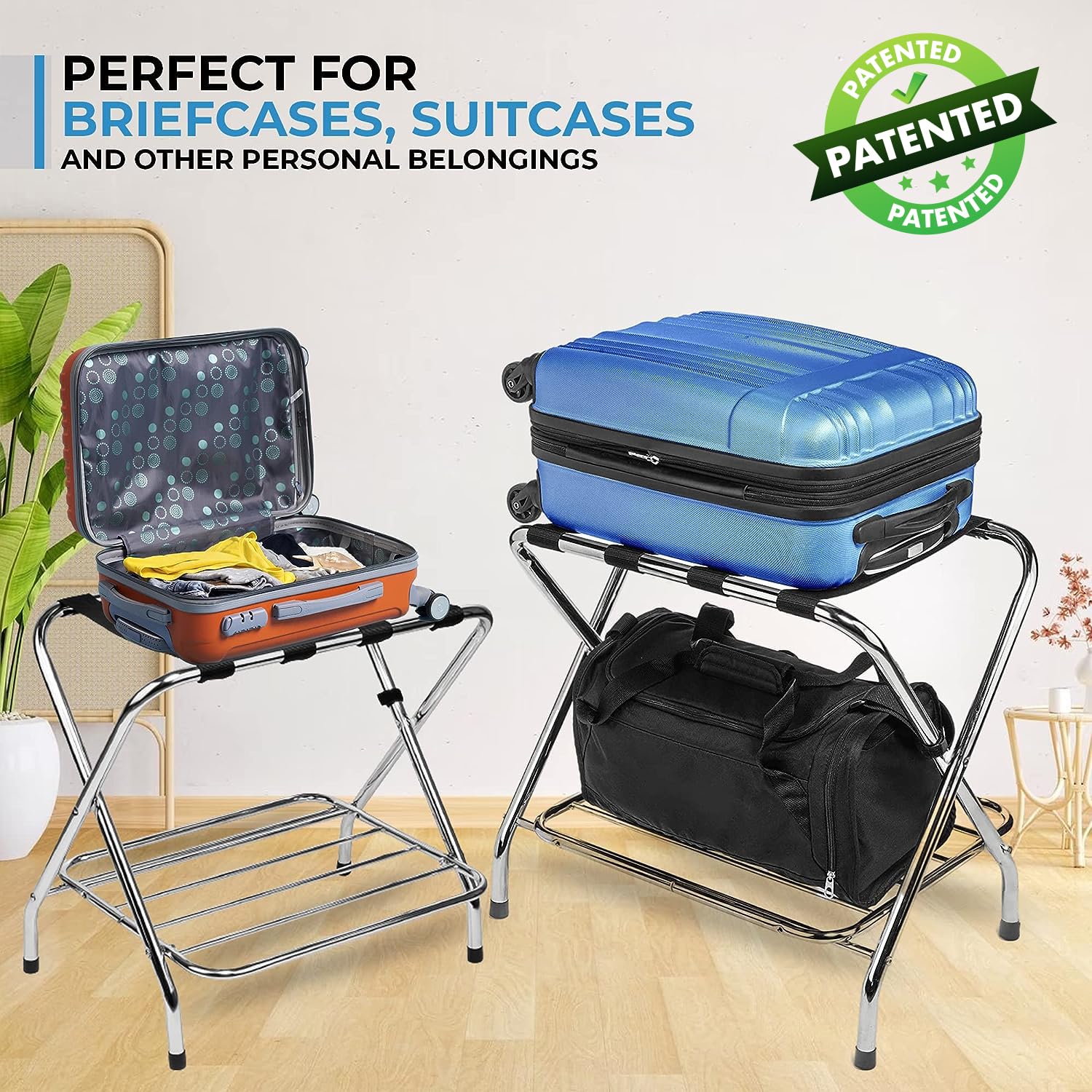 Ustech Luggage Rack, Foldable Suitcase Stand, Set Of 2, Metal Luggage Holders For Guest Room With Extra Shelf, Foldable Steel Fr