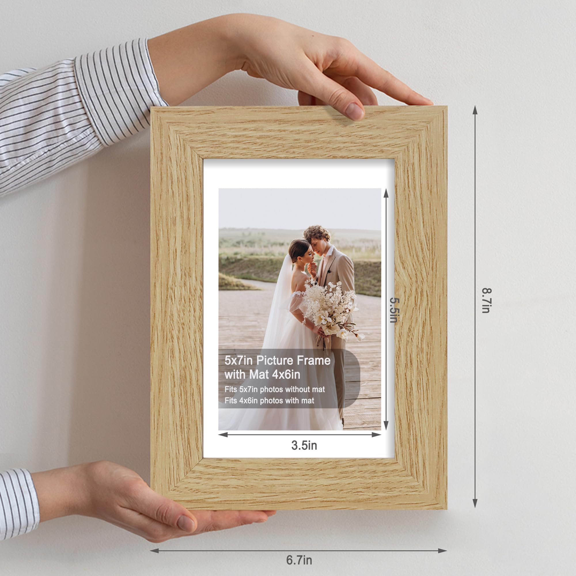 Hongkee 5x7 Picture Frame Set of 4, Made of Real Glass and Natural Oak Wooden Frame, 5 by 7 Photo for Wall or Tabletop - Display