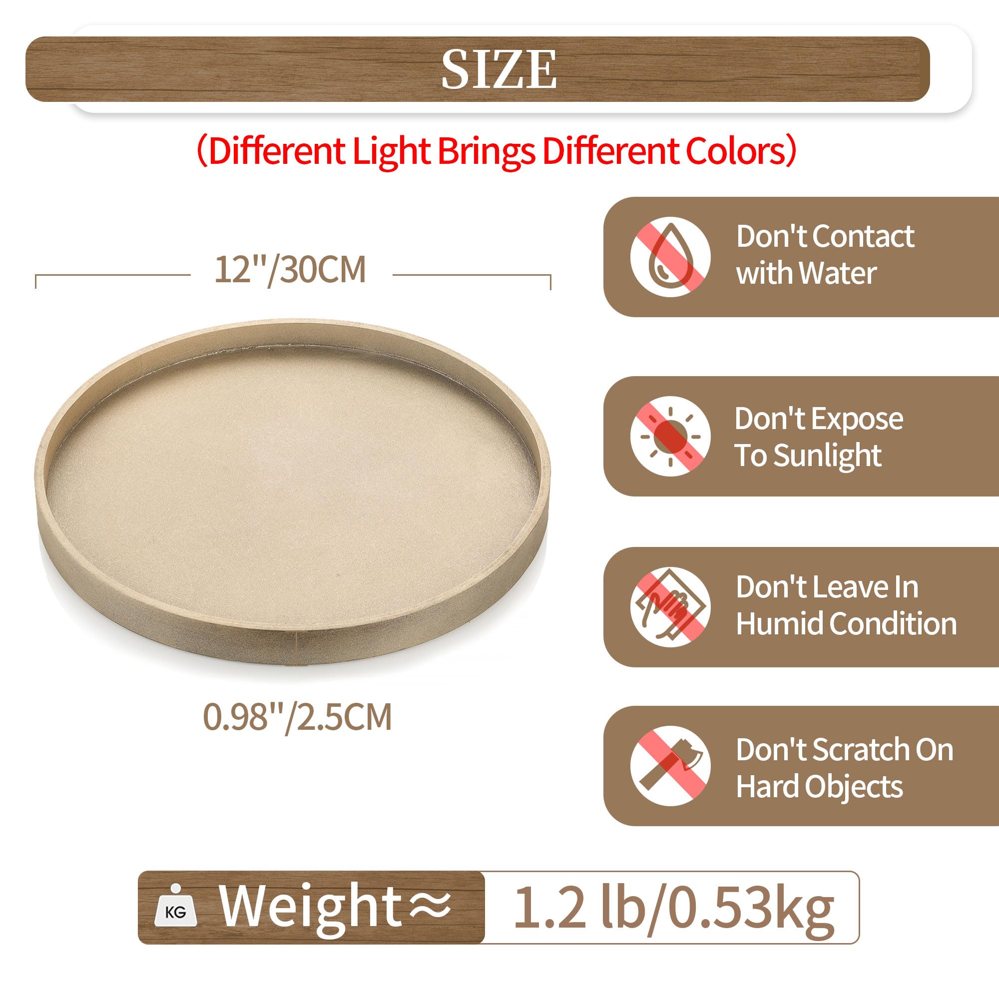 Hanobe Decorative Coffee Table Tray: Rustic Muted Metallic Gold Wood Tray Round Wooden Circle Trays 12'' Farmhouse Centerpiece C