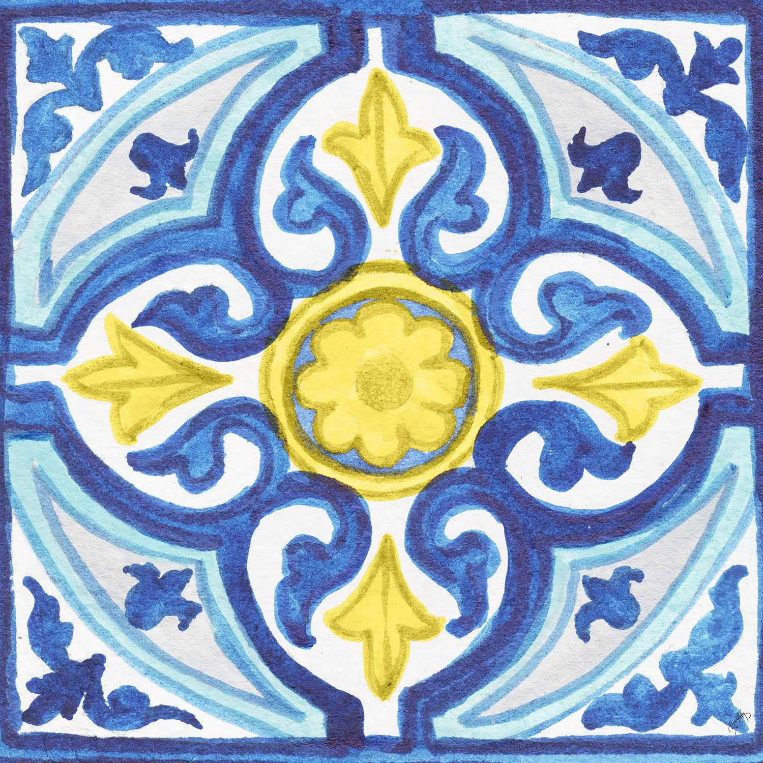 Thirstystone Blue & Yellow Tile Decorative Heat Tolerant Ceramic Stone Trivet 7.9'' Square Protective Cork Backing, Easily Wipes
