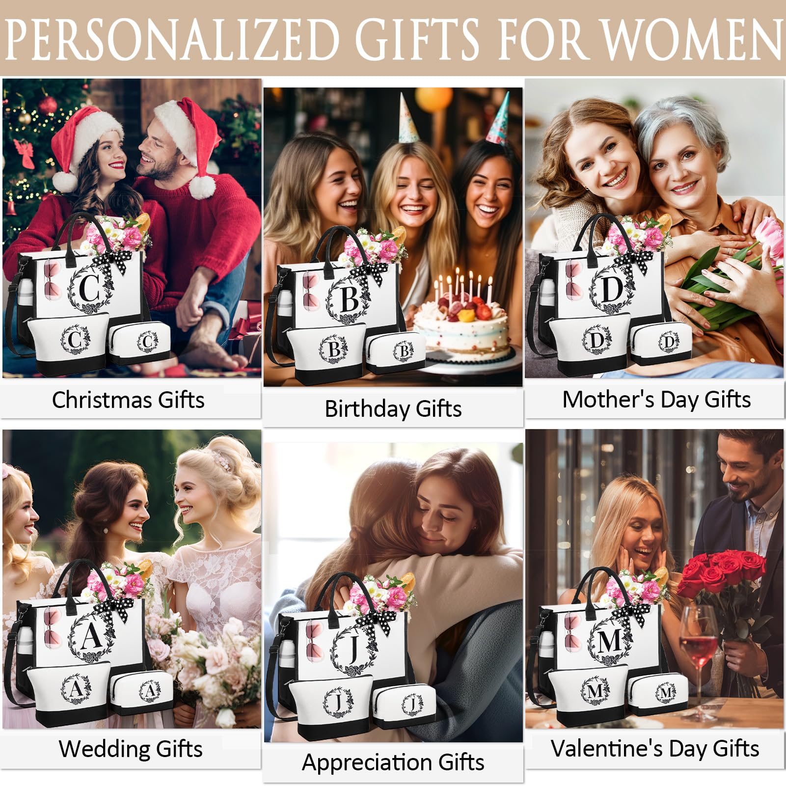 Personalized Valentines Day Gifts For Women, Initial Canvas Tote Bag & Makeup Bag Monogrammed Beach Tote Bag For Women W/Zipper,