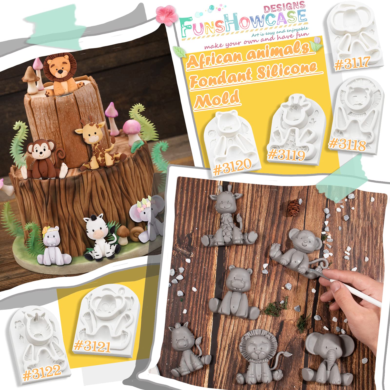 Funshowcase Jungle Animals Fondant Silicone Molds Sugarcraft Cake Decoration 6-Count Height 2.6-3.6Inch