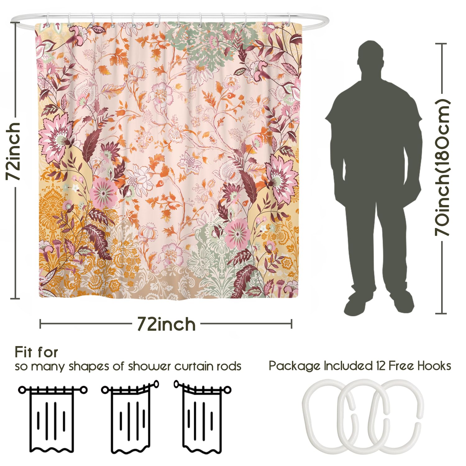 Bsheuancek Woodiggie Boho Floral Shower Curtain For Bathroom,Bohemian Flowers Colorful Shower Curtain With Hooks,Polyester Fabri