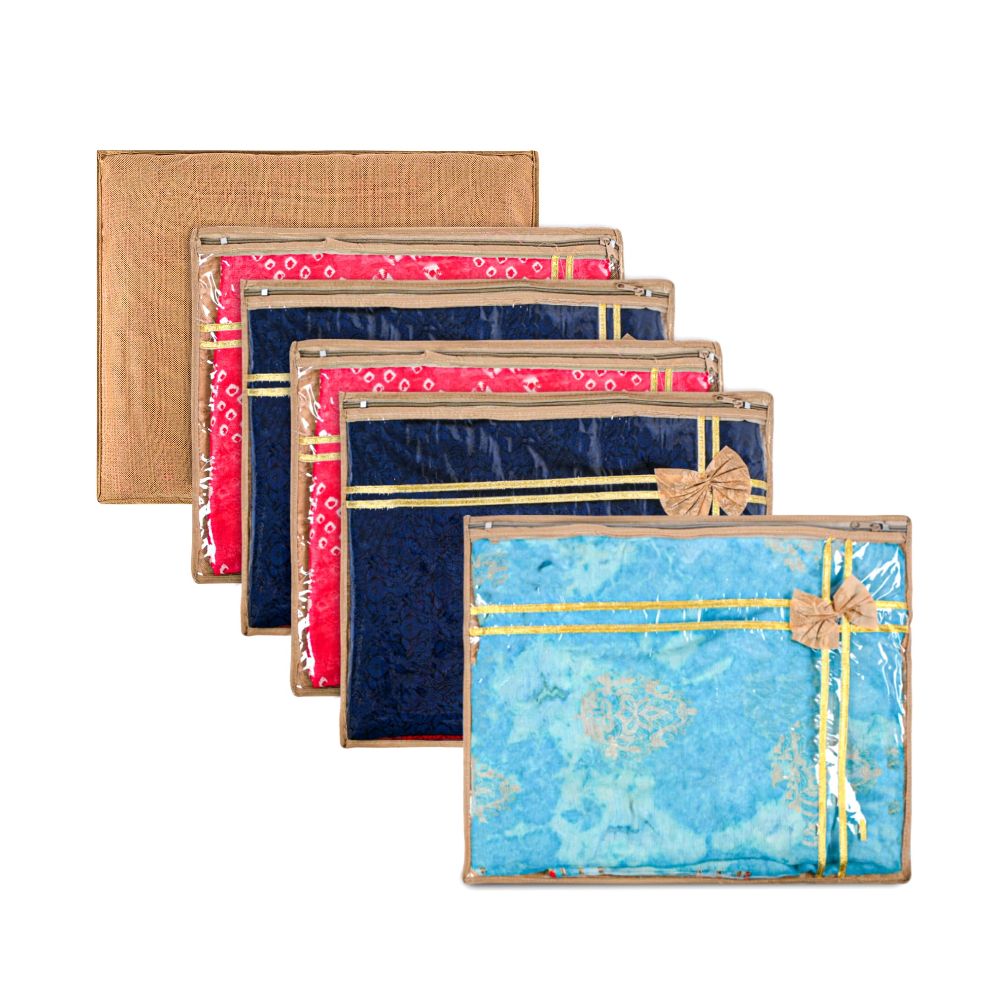 Kuber Industries 6 Pcs Non Woven Single Saree Covers For Storage With Zip Transparent | Saree Organiser For Wardrobe & Suitcase 