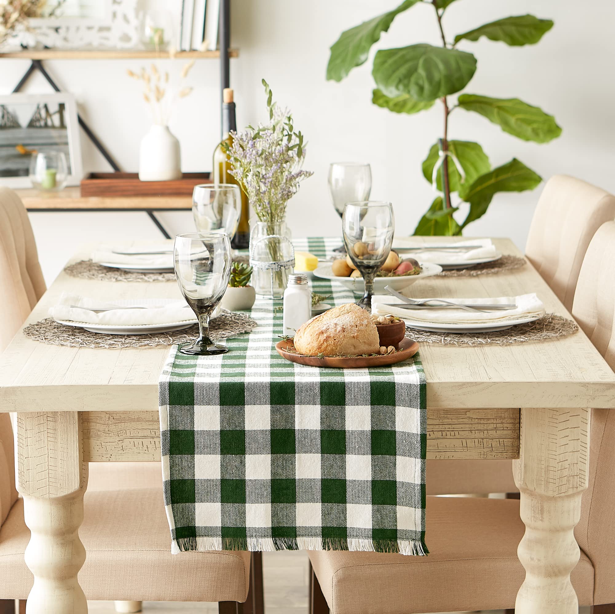 DII Heavyweight Fringed Check Tabletop Collection  Table Runner  14x72  Hunter Green