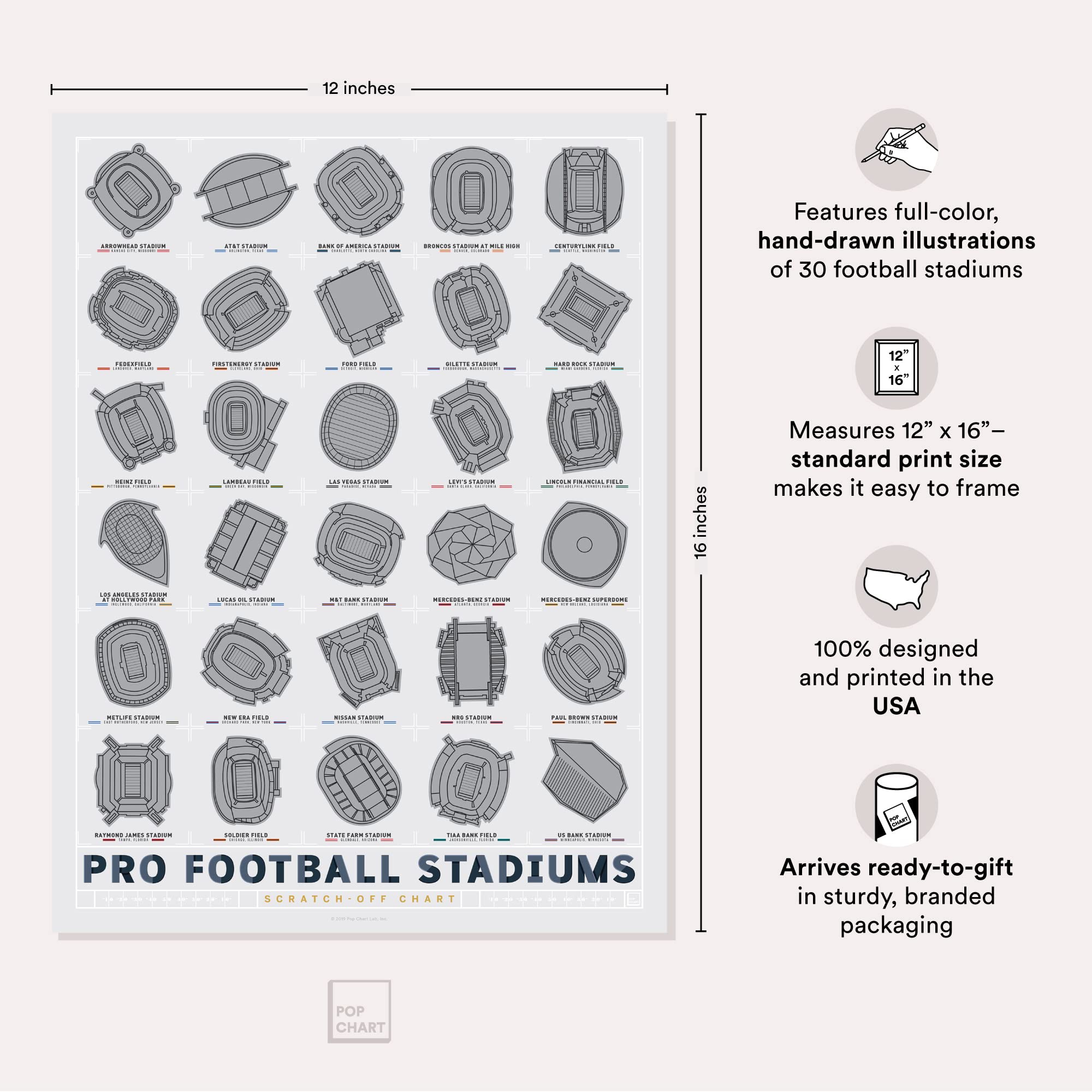 Pop Chart  Football Stadiums Scratch-Off Poster  12'' x 16'' Bucket List Print  Track Your Visits to All 30 Pro Football Stadiums  Sports Wall Decor for Living Room or Dorm  100% Made in the USA