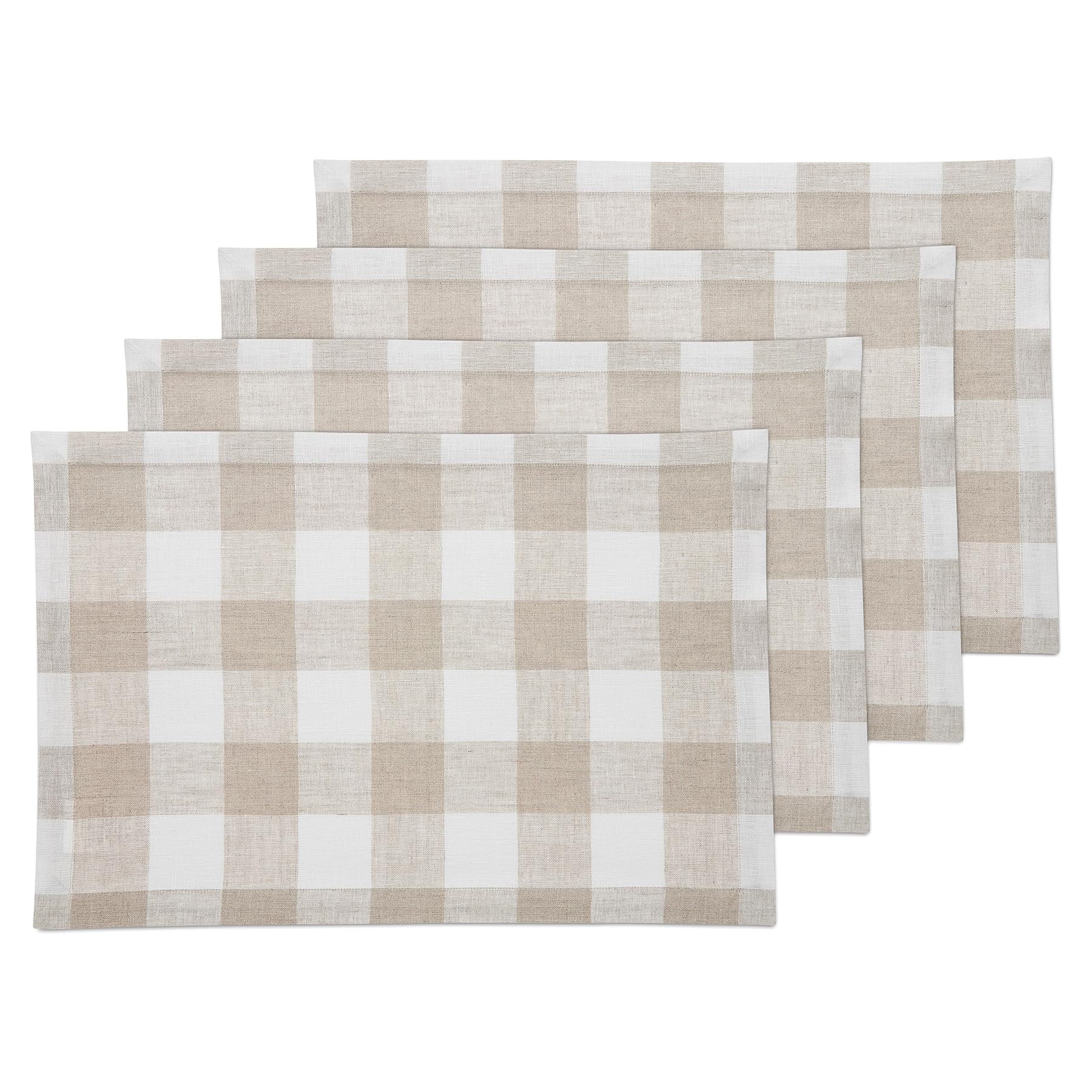 Solino Home Buffalo Check Linen Placemats Set Of 4 - 100% Pure Linen Natural And White Plaid Placemats 19 '' L X 14 '' W Inch -
