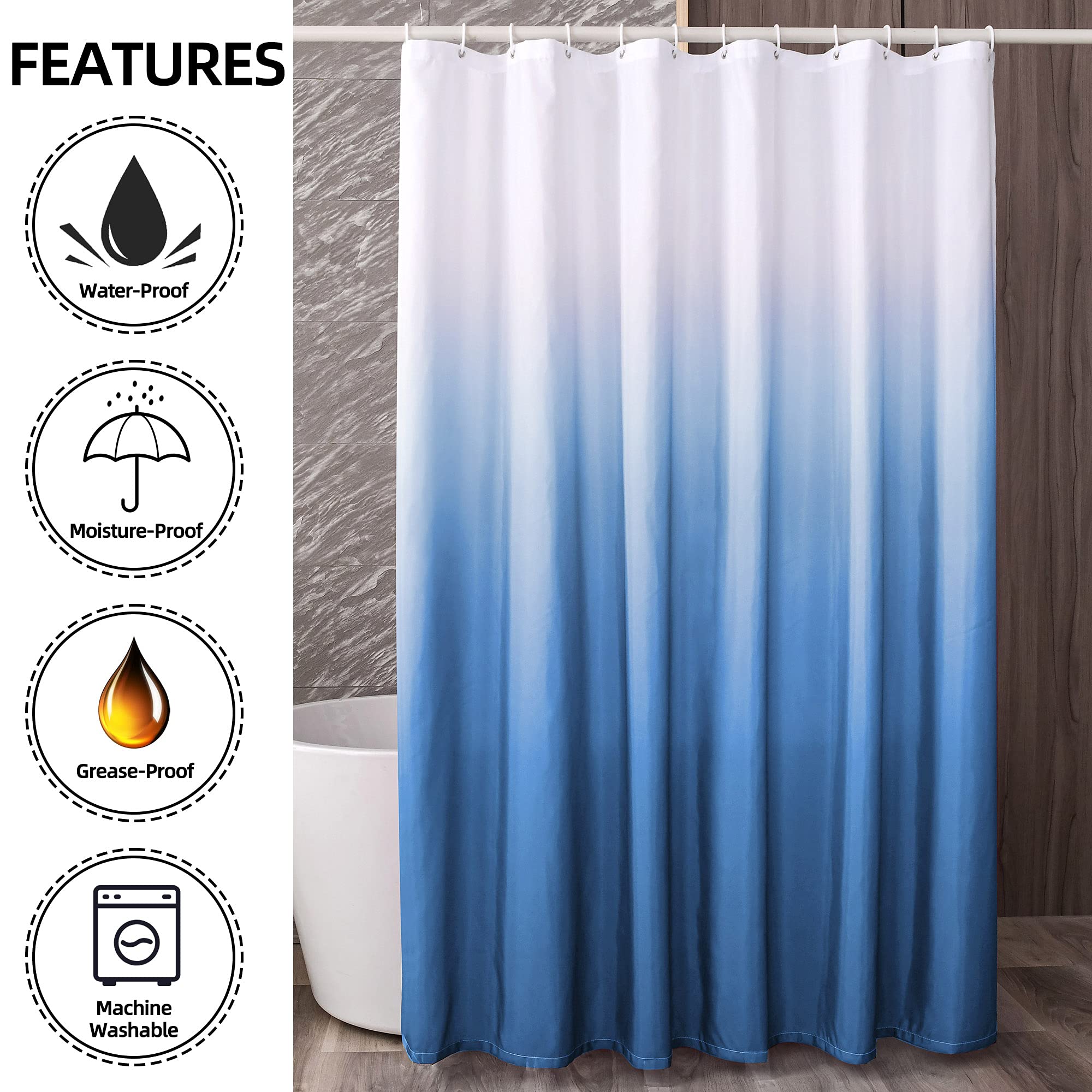 YI & ZE Ombre Shower Curtain Sets for Bathroom Accessories Fabric Polyester Waterproof Modern Shower Curtain Liner with 12 Hooks Navy Blue W72xL72