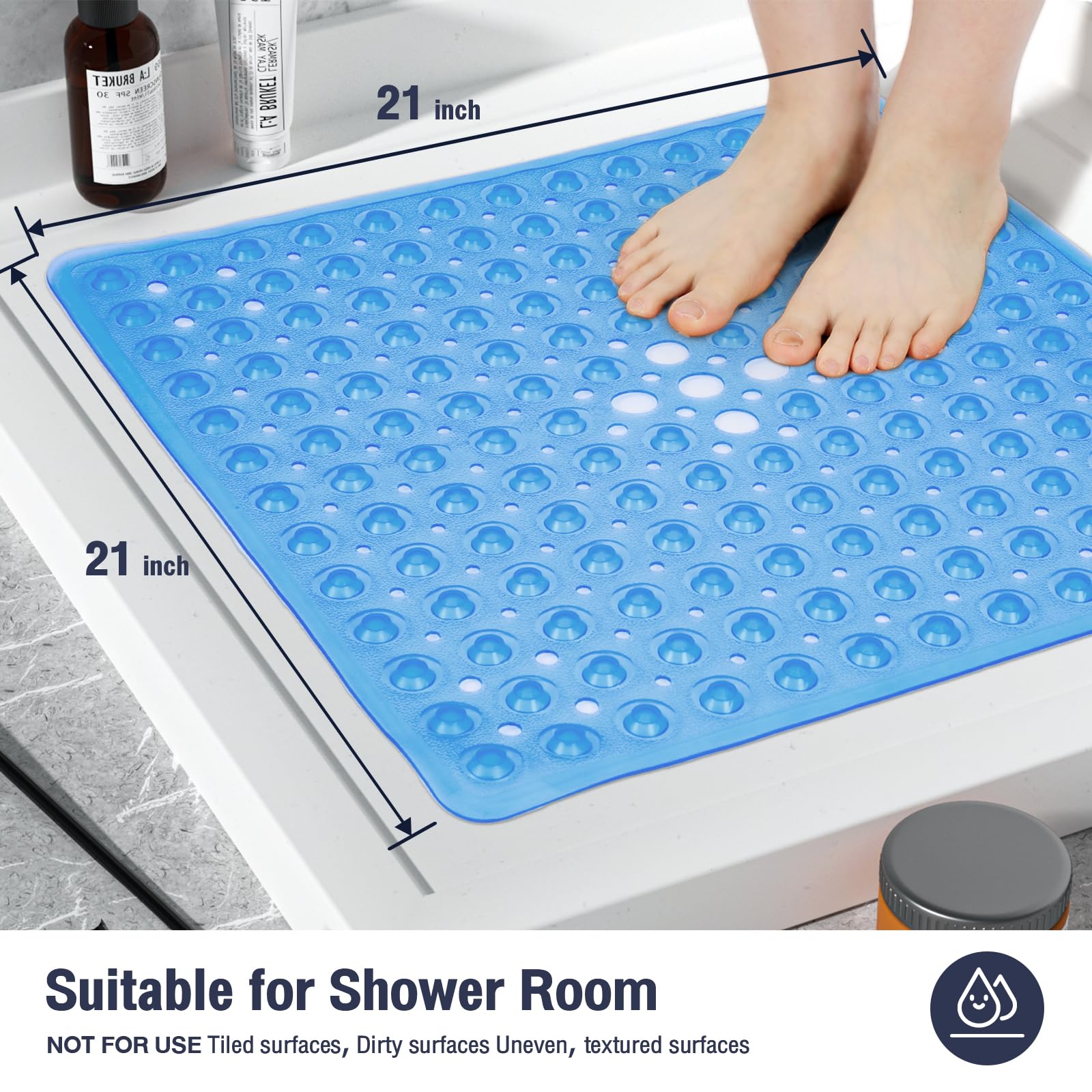 Naoloture Square Shower Bathtub Mat Non Slip For Inside Shower Clear Blue 21X21 Inch, Shower Stall Mats For Bathroom Floor, Soft