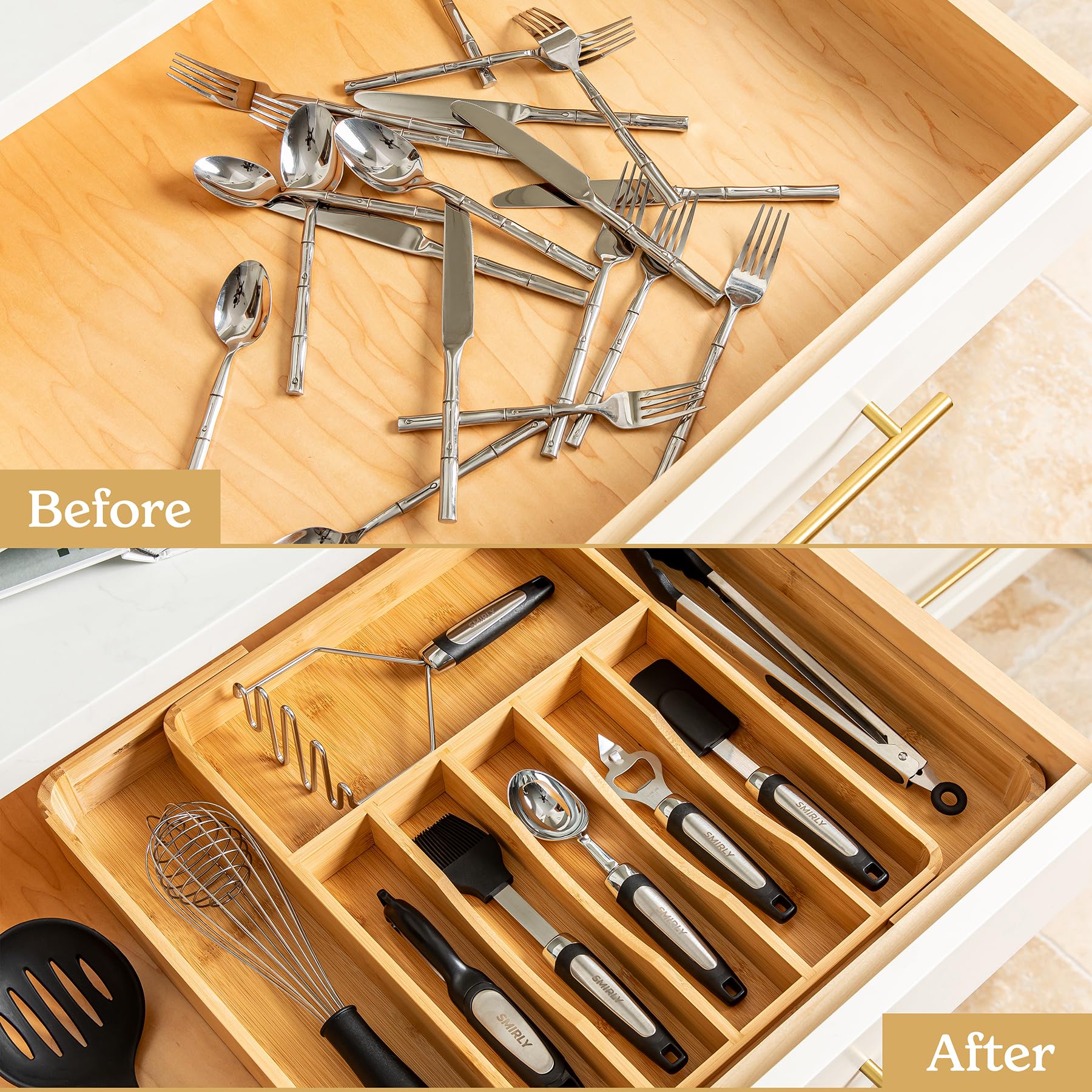 SMIRLY Bamboo Silverware Drawer Organizer - Adjustable Utensil Holder, 8 Slot, Black T9-BC2G-8CRBK