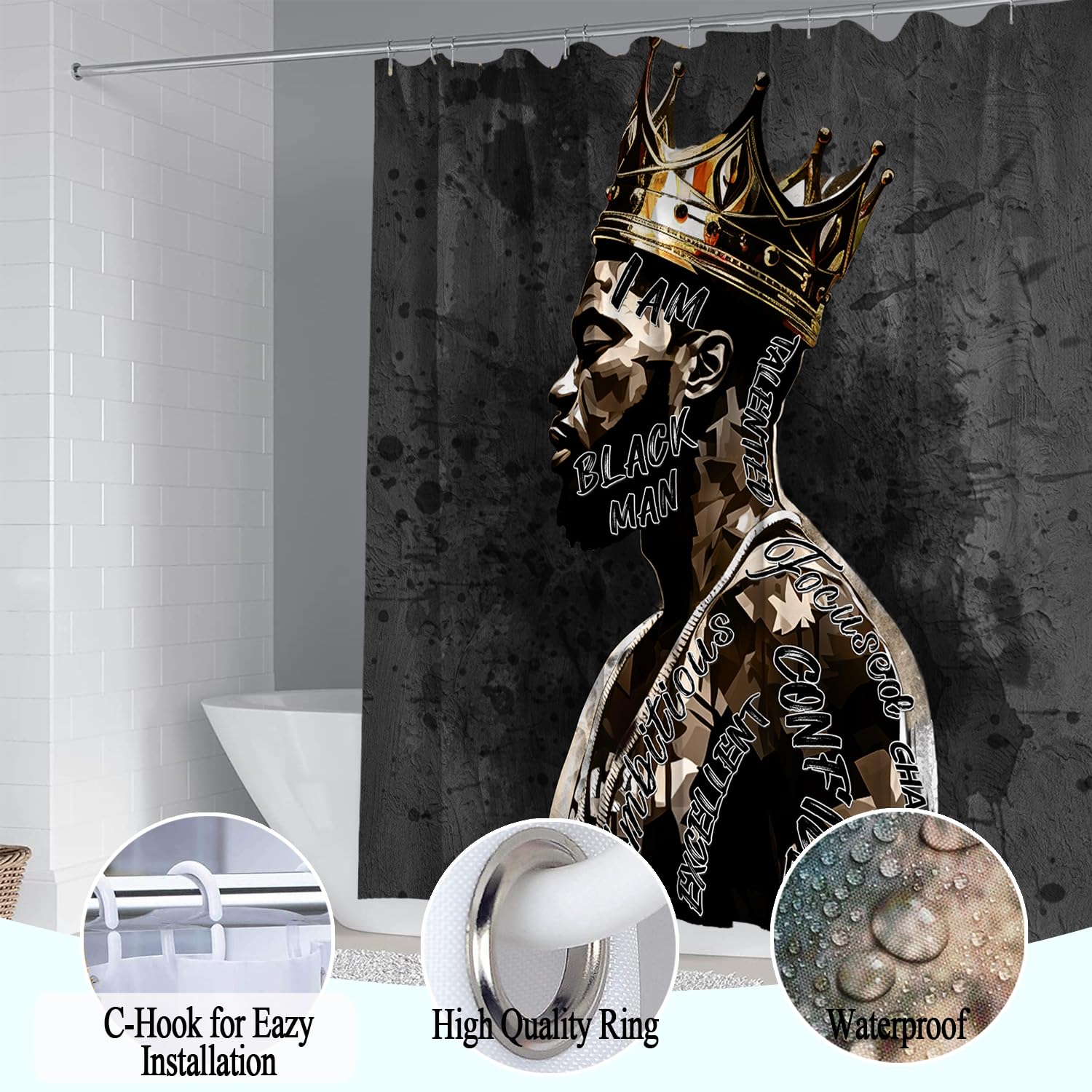 African American Shower Curtain Sets For Bathroom, Black Praying King Bathroom Sets With Waterproof Shower Curtain And Non-Slip