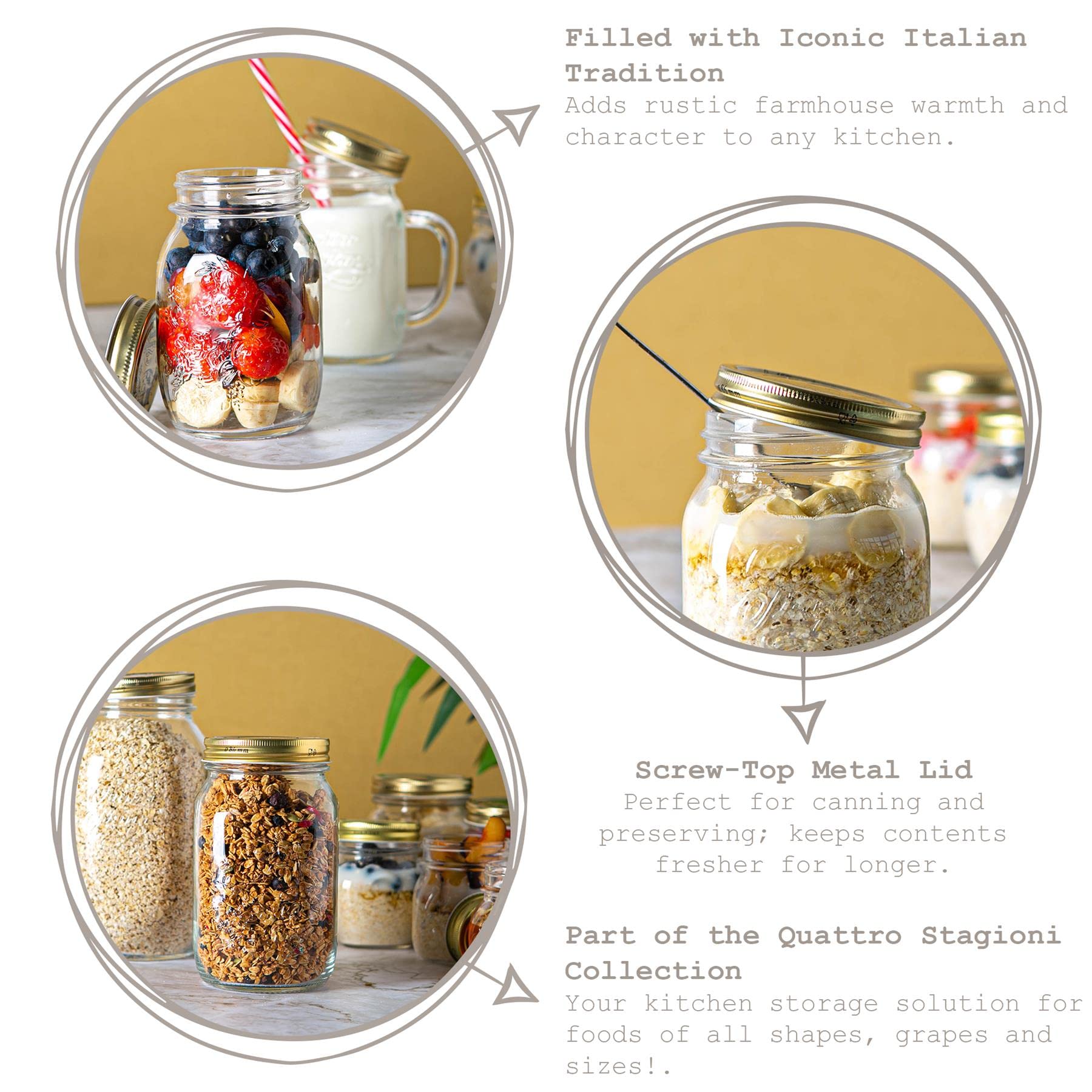 Bormioli Rocco Quattro Stagioni 17 oz Canning Jar - Vacuum Sealed for Home Canning & Au Bain-MarieCooking - BPA-Free, Airtight S