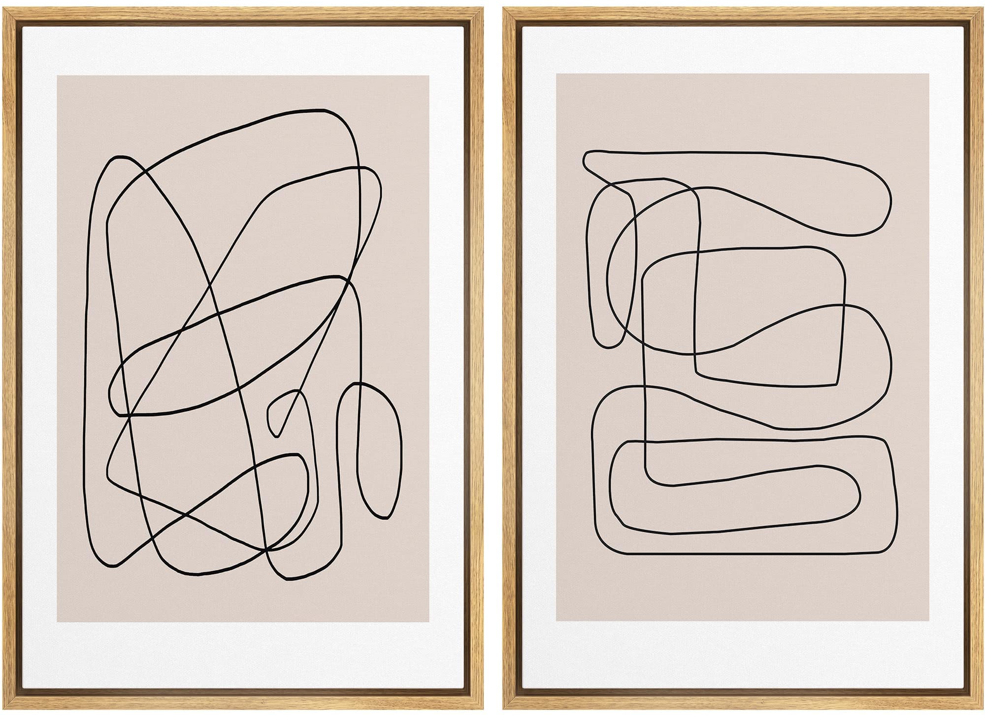 Signwin Framed Wall Art Print Set Line Art Thin Lines Over Plain Tan Background Abstract Swirly Digital Art Modern Art Mid-Centu