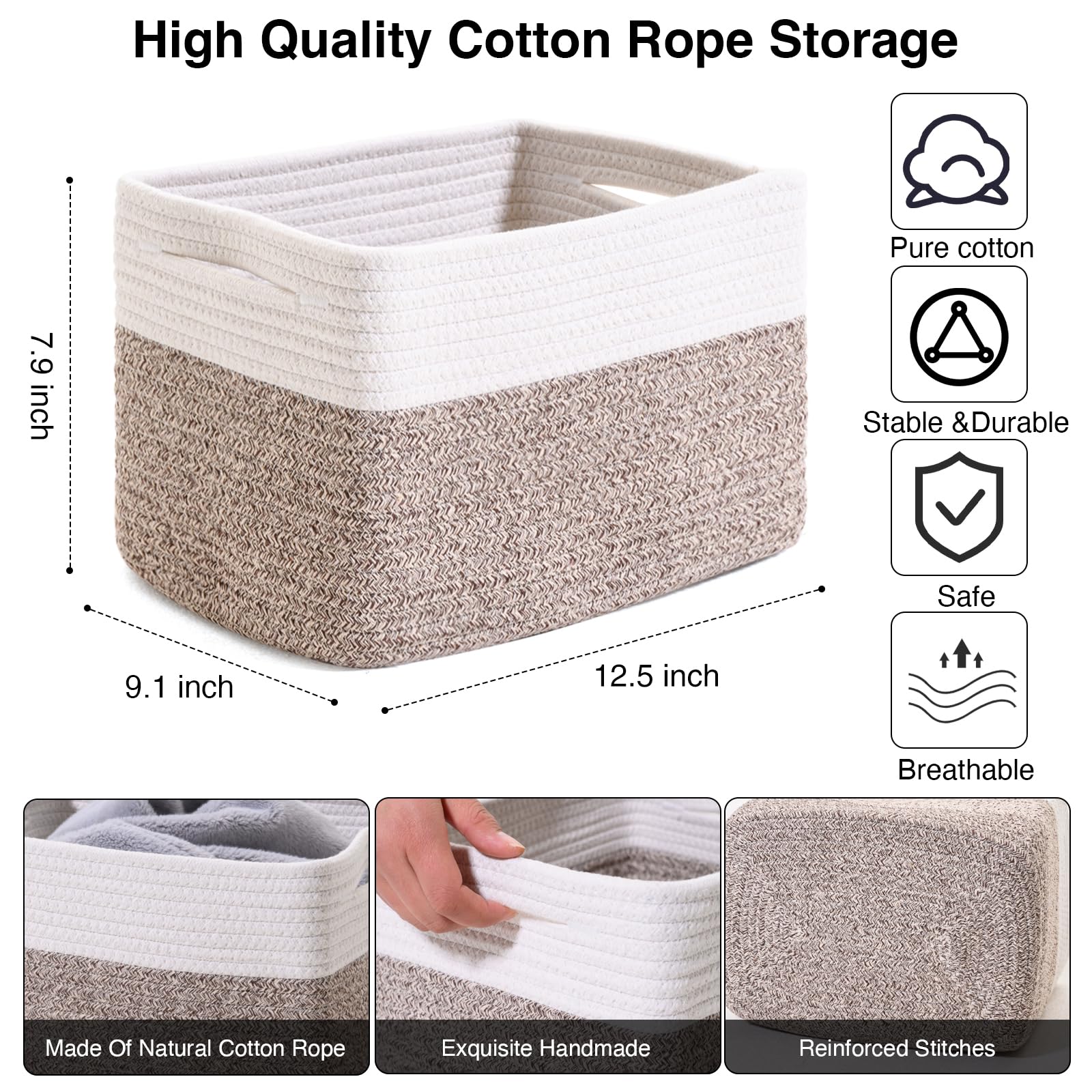 Icerzcz Storage Baskets For Shelves, Woven Storage Basket, Bins For Cube Storage, Cotton Rope Basket With Handles For Toy, Book,
