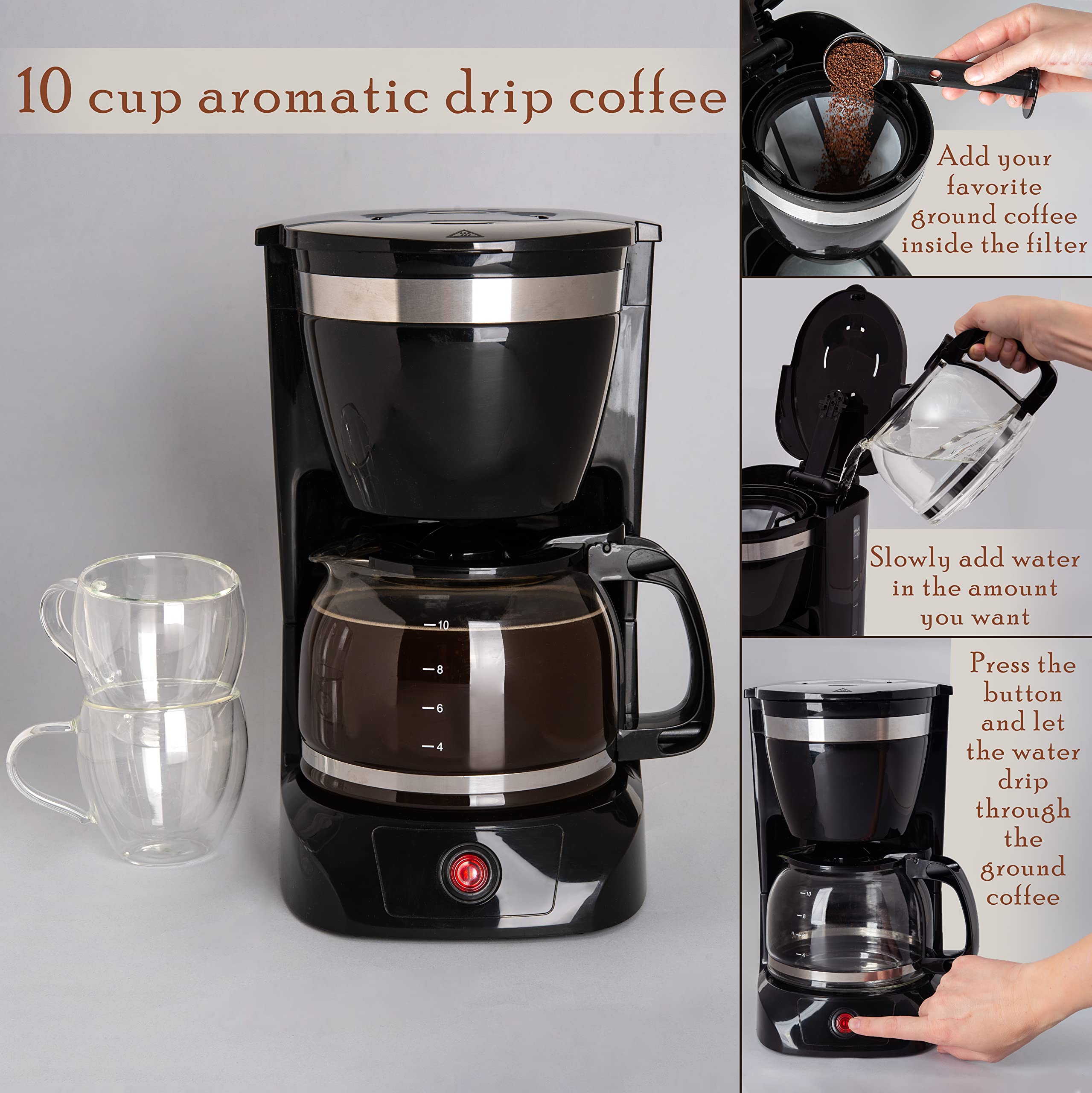 Mixpresso 10-Cup Drip Coffee Maker, Coffee Pot Machine Including Reusable & Removable Coffee Filter, The Best 10 Cup Coffee Make
