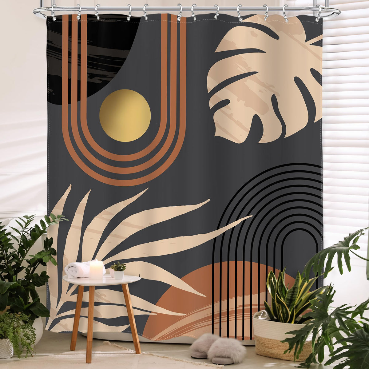 Glawry Black Boho Mid Century Shower Curtain Abstract Beige Leaves Minimalist Simple Aesthetic Arch Sun Modern Bathroom Botanica