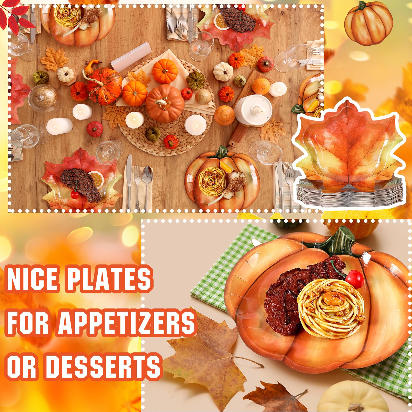 Fourluoo 96 Pcs Thanksgiving Paper Plates Disposable Fall Maple Leaf Pumpkin Shaped Plates Disposable Tableware for Autumn Harve