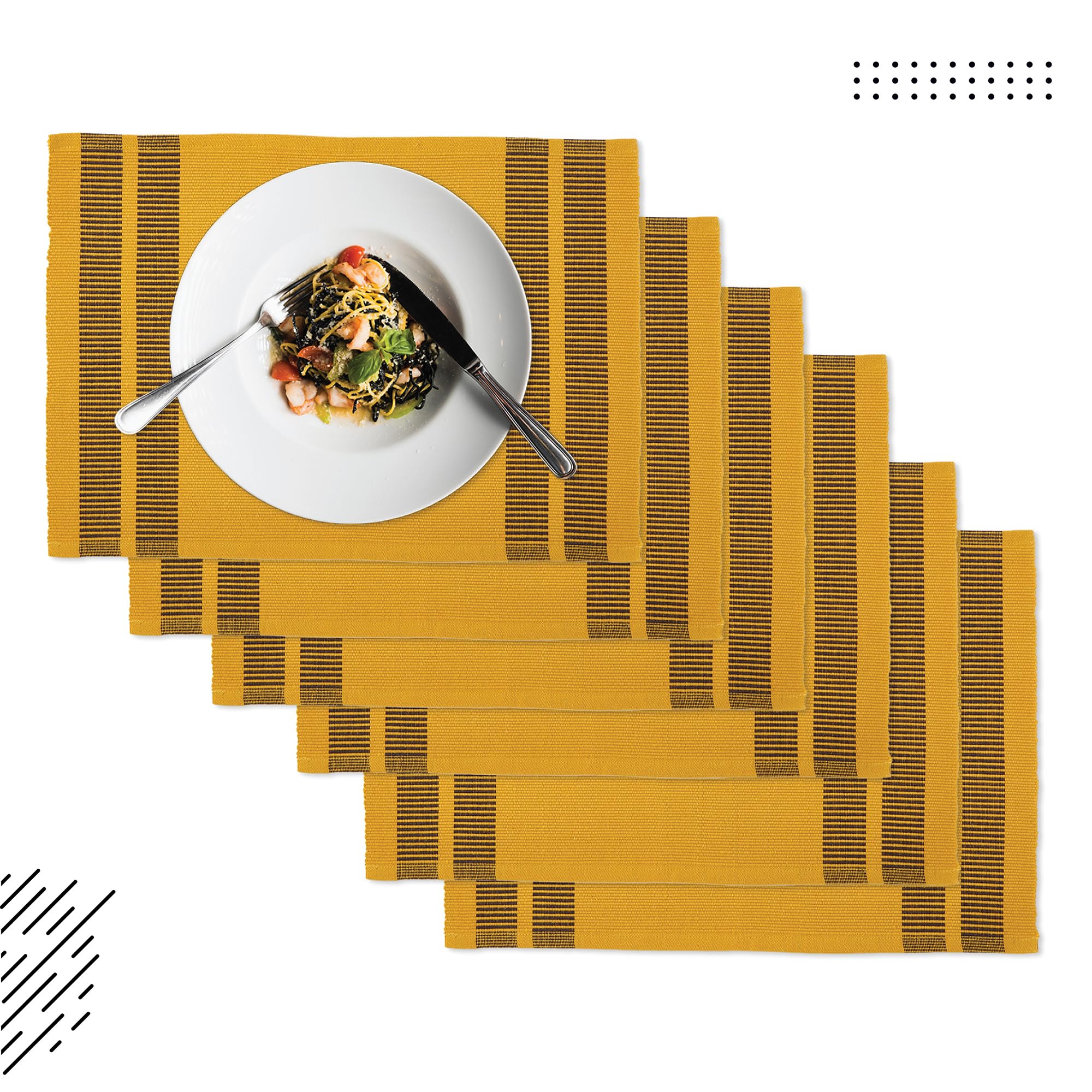 Encasa Xo Dining Placemat Set Of 6 | Ladder Yellow Color | Fine Ribbed Cotton Table Mat | Size 18X13 In | Machine Washable