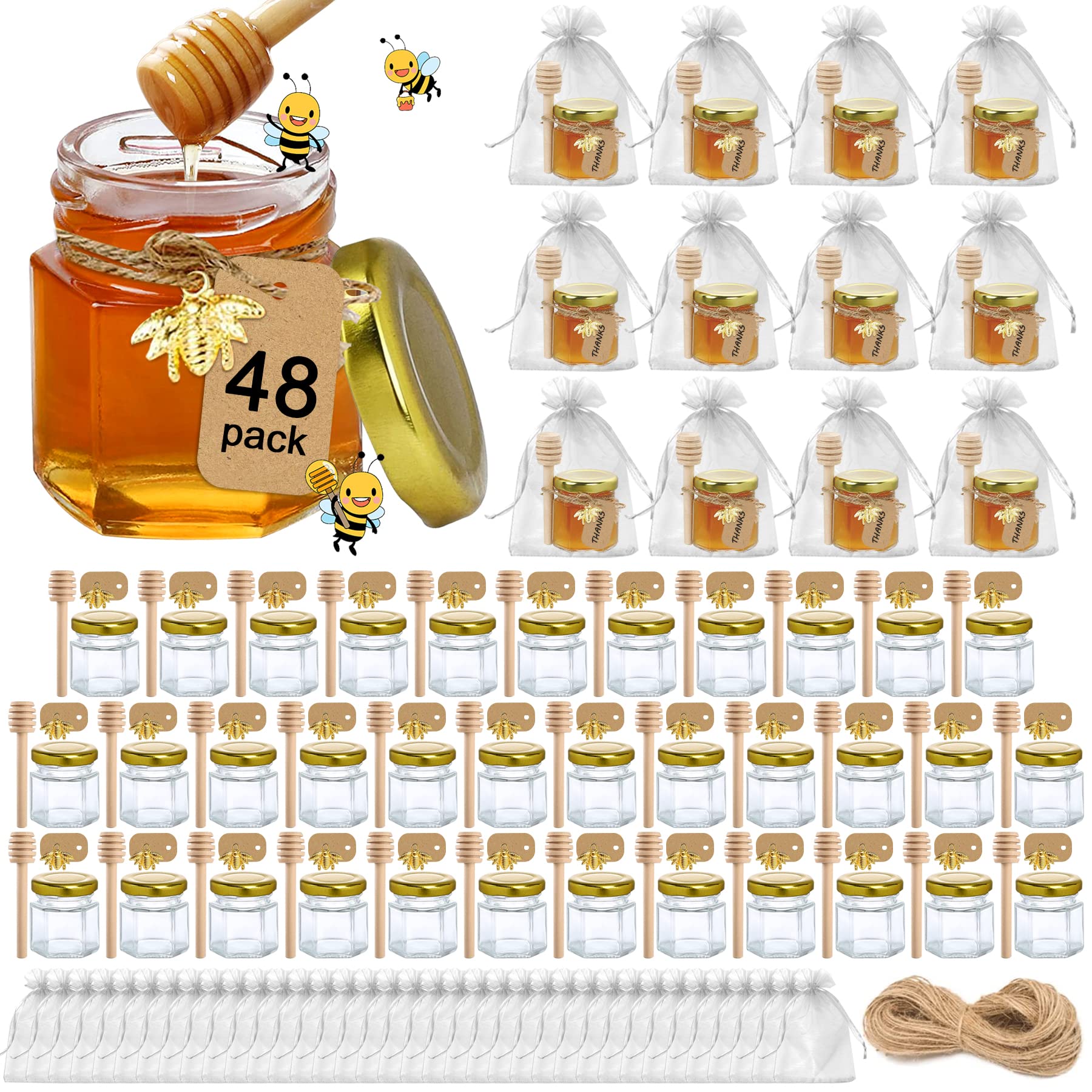 Aliggbent Honey Jars,48 Pack Mini Jars Party Favors In Bulk, 1.5 Oz Hexagon Small Glass With Dipper, Gold Lids, Cute Bee Pendant