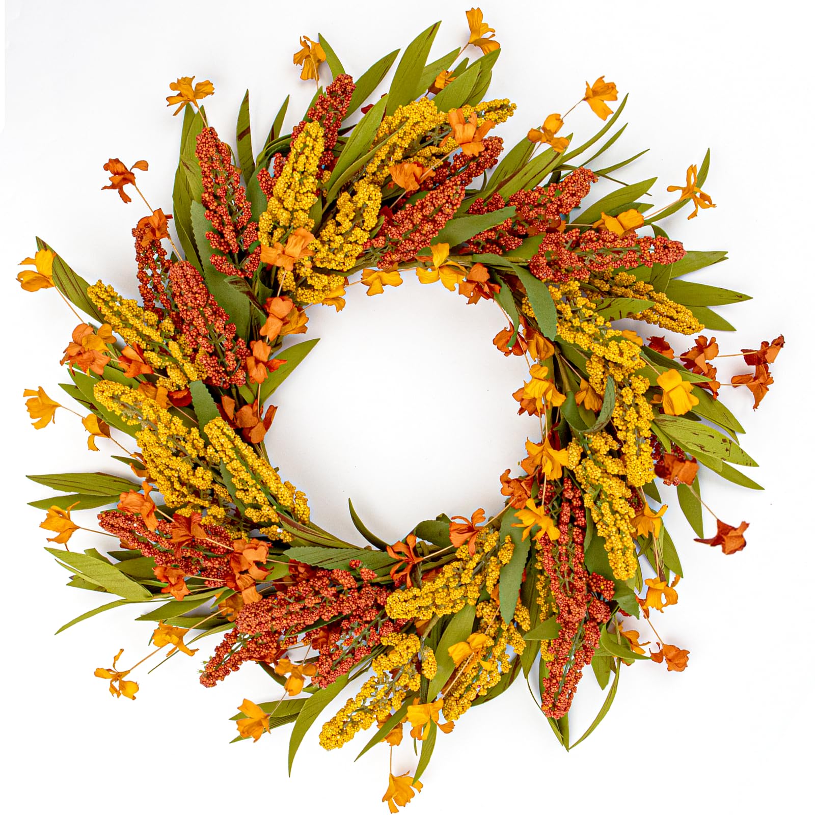 VioletEverGarden Fall Wreath for Front Door 20 Inch Autumn Wreaths Artificial Thanksgiving Wreath with Orange Yellow Sorghum Ear