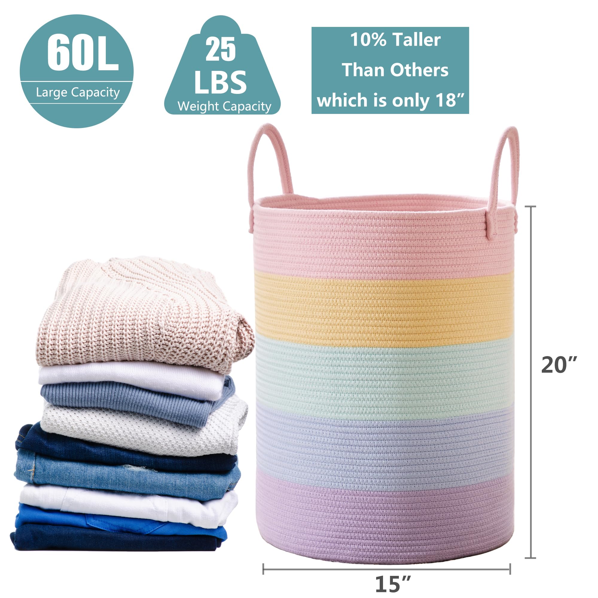 Mojoscend Rainbow Laundry Basket Hamper, 15Dx20H Inches Large Rainbow Hamper For Nursery Girl, Tall Blanket Basket For Living Ro