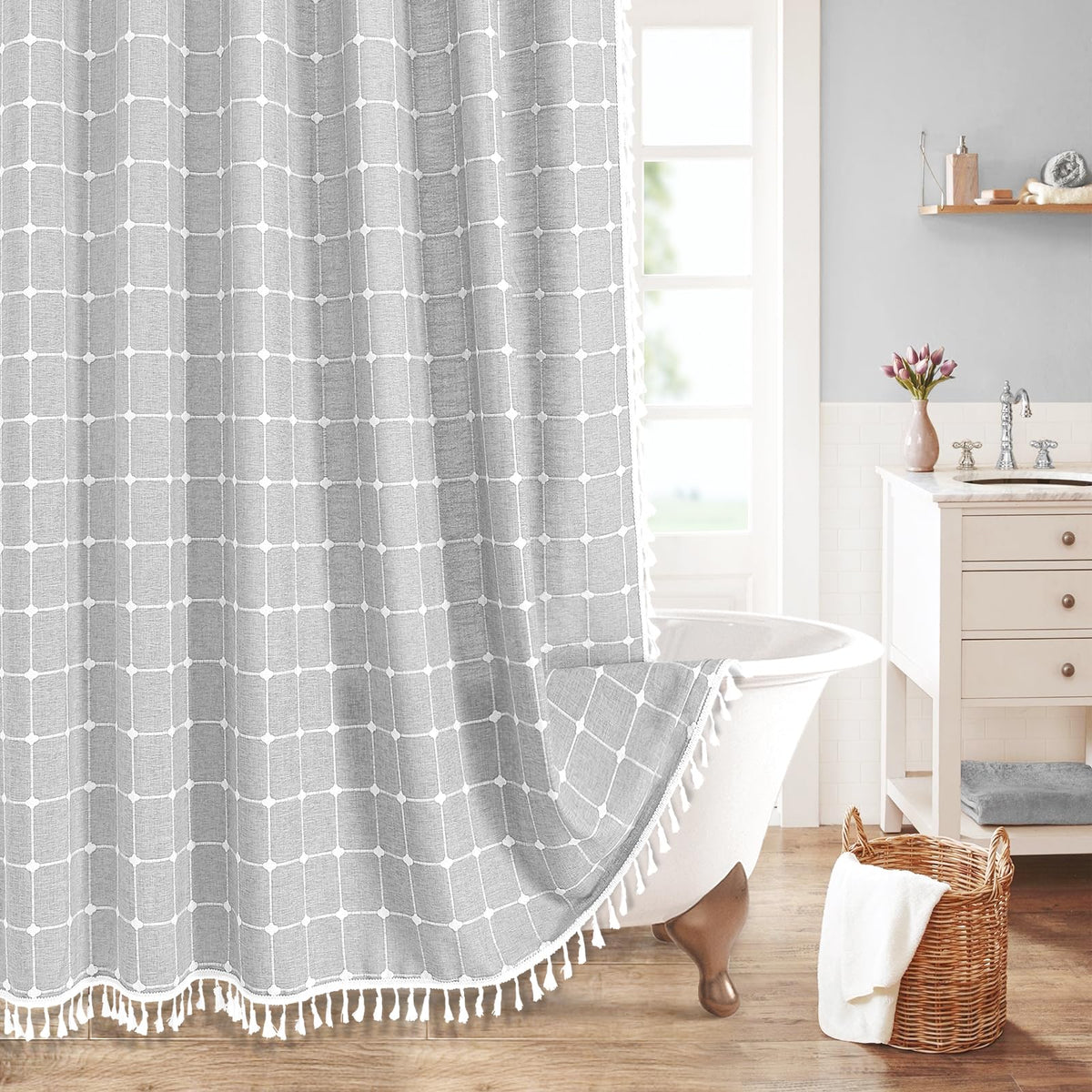 Mitovilla Grey Boho Extra Long Shower Curtain 72 X 84, Light Grey Modern Farmhouse 84 Inch Xl Cotton Linen Texture Tassel Fabric