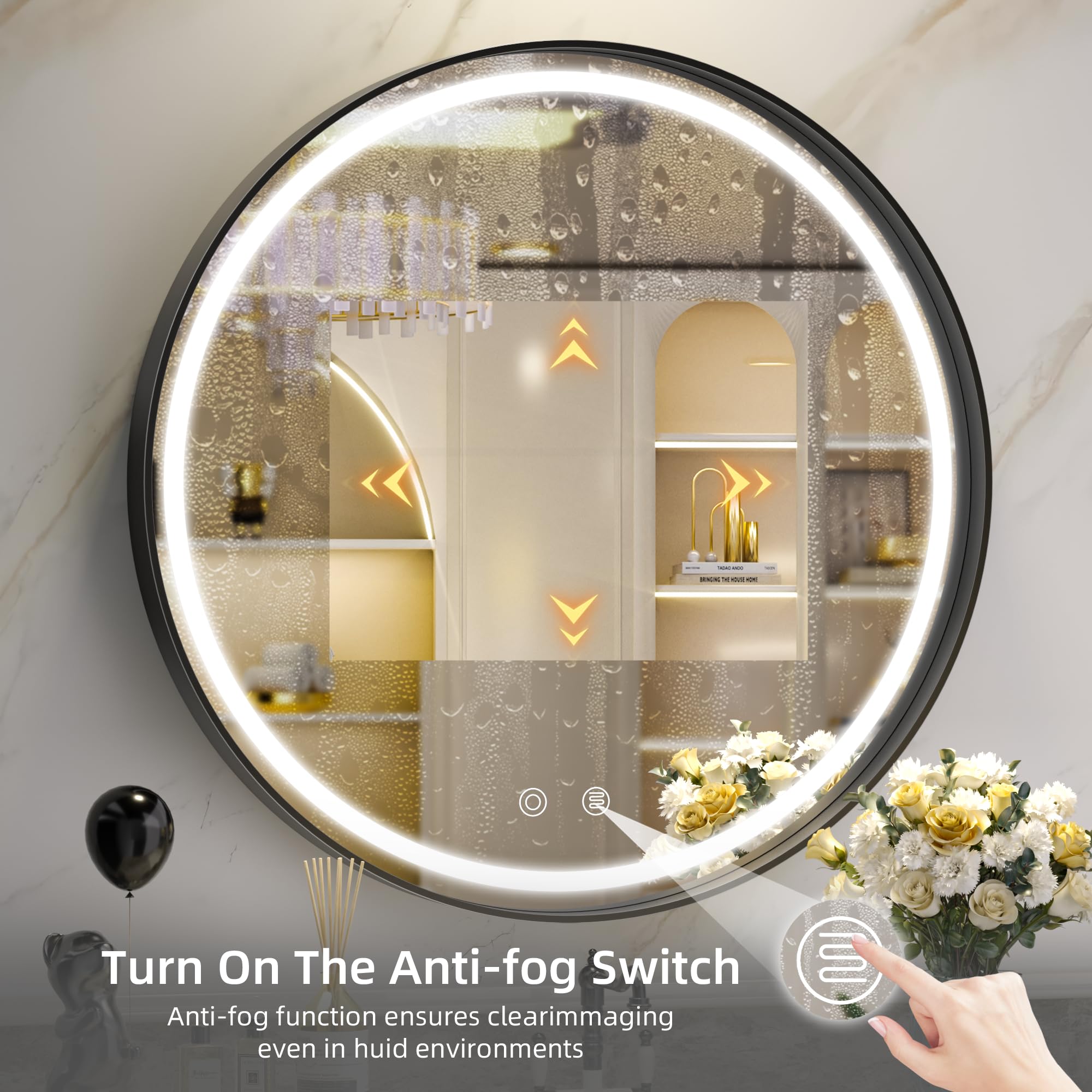 Hasipu 32 Round Led Mirror For Bathroom With Lights, Black Circle Vanity Mirror For Wall, Metal Framed Frontlit Bathroom Mirrors