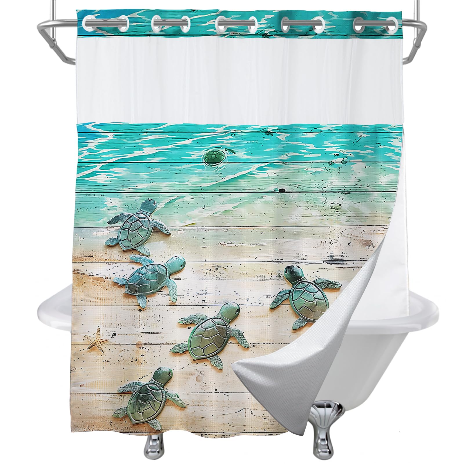Final Friday Nautical Green Beach Sea Turtle Theme No Hook Waffle Weave Shower Curtain With Snap In Liner Nautical Blue Bathroom