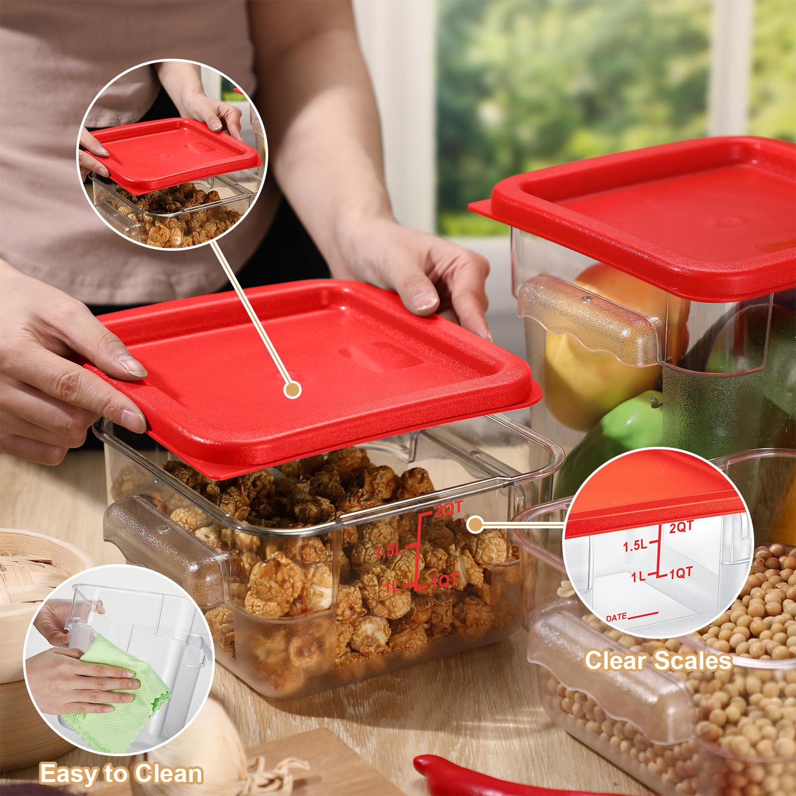 Barydat 4 Pcs Food Storage Container With Lids Set 2Qt And 4Qt Square Clear Commercial Containers With Scales Handles For Home R