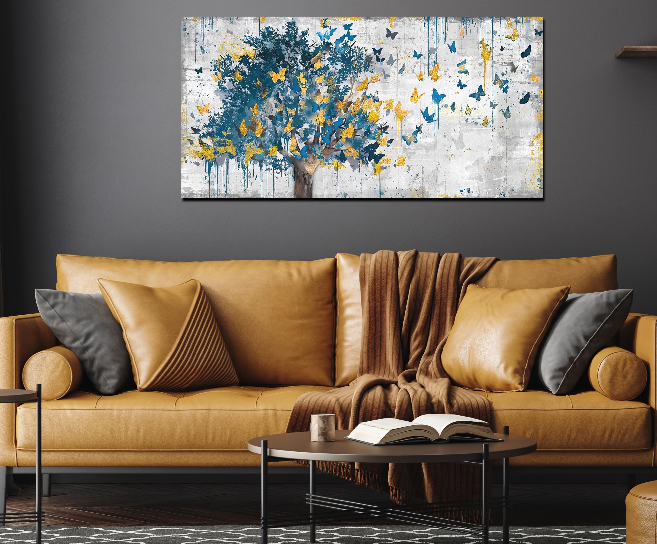 Kepgonegu Large Canvas Wall Art Blue Tree Golden Butterflies Picture Abstract Grey Graffiti Canvas Prints Ready To Hang For Livi