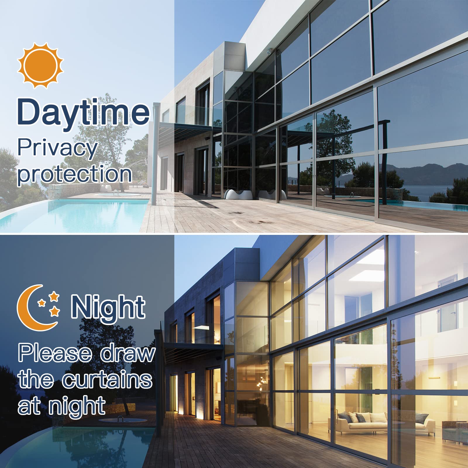 Haton Window Privacy Film One Way Window Tint for Home, Sun UV Blocking Reflective Mirror Film Heat Control, No Glue Static Clin