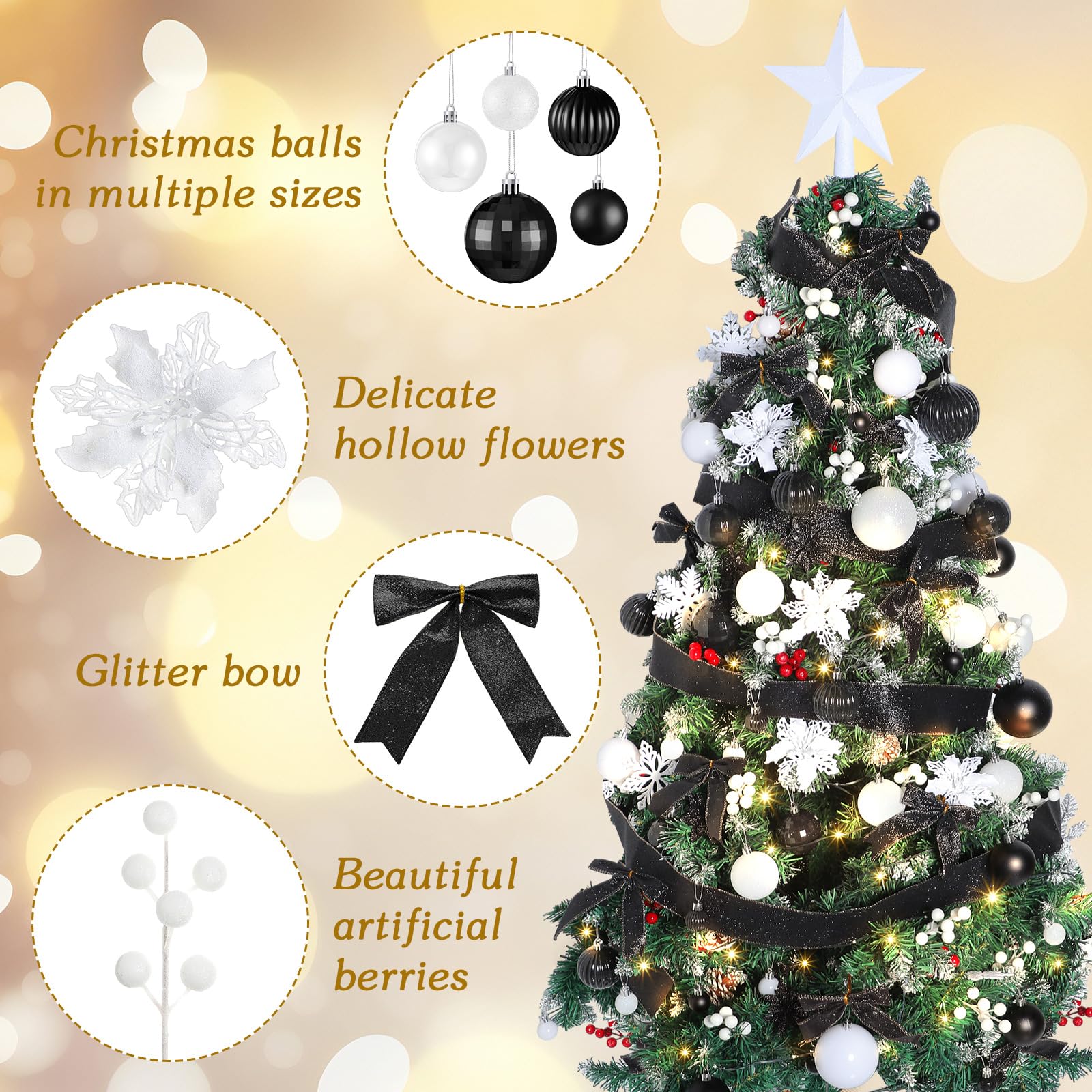 Poen 108 Pcs Christmas Tree Ornament Set Including Xmas Tree Ball Glitter Poinsettia Bows Berries Stems Leaves Snowflakes Ribbon
