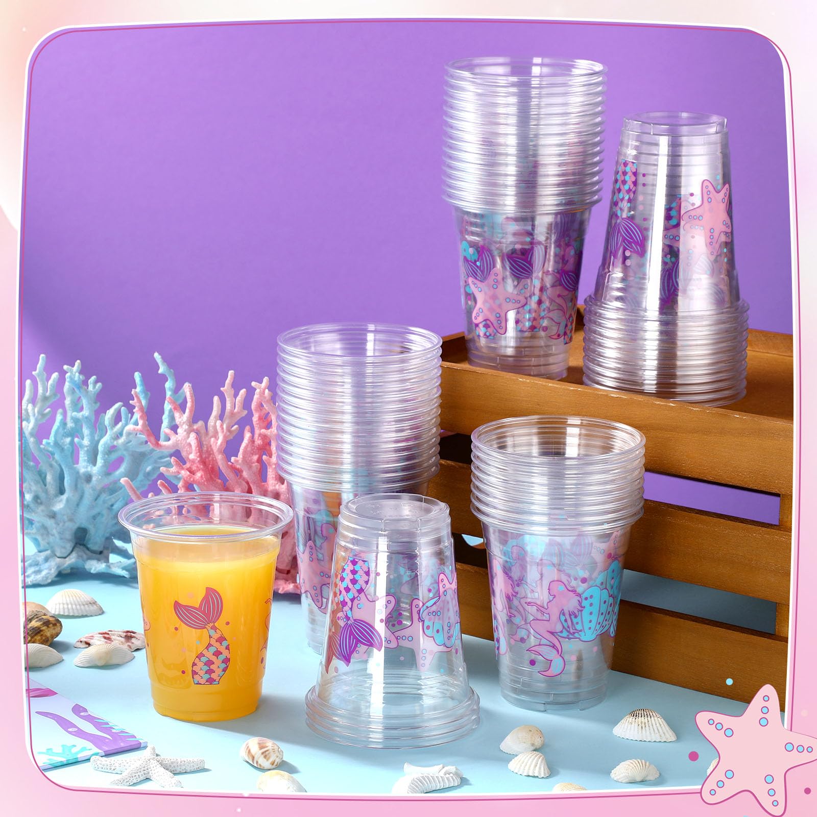 Yaomiao 50 Pieces Mermaid Party Cups Bulk 12 Oz Disposable Plastic Under The Sea Drinking Cups Mermaid Tail Shell Starfish Bever