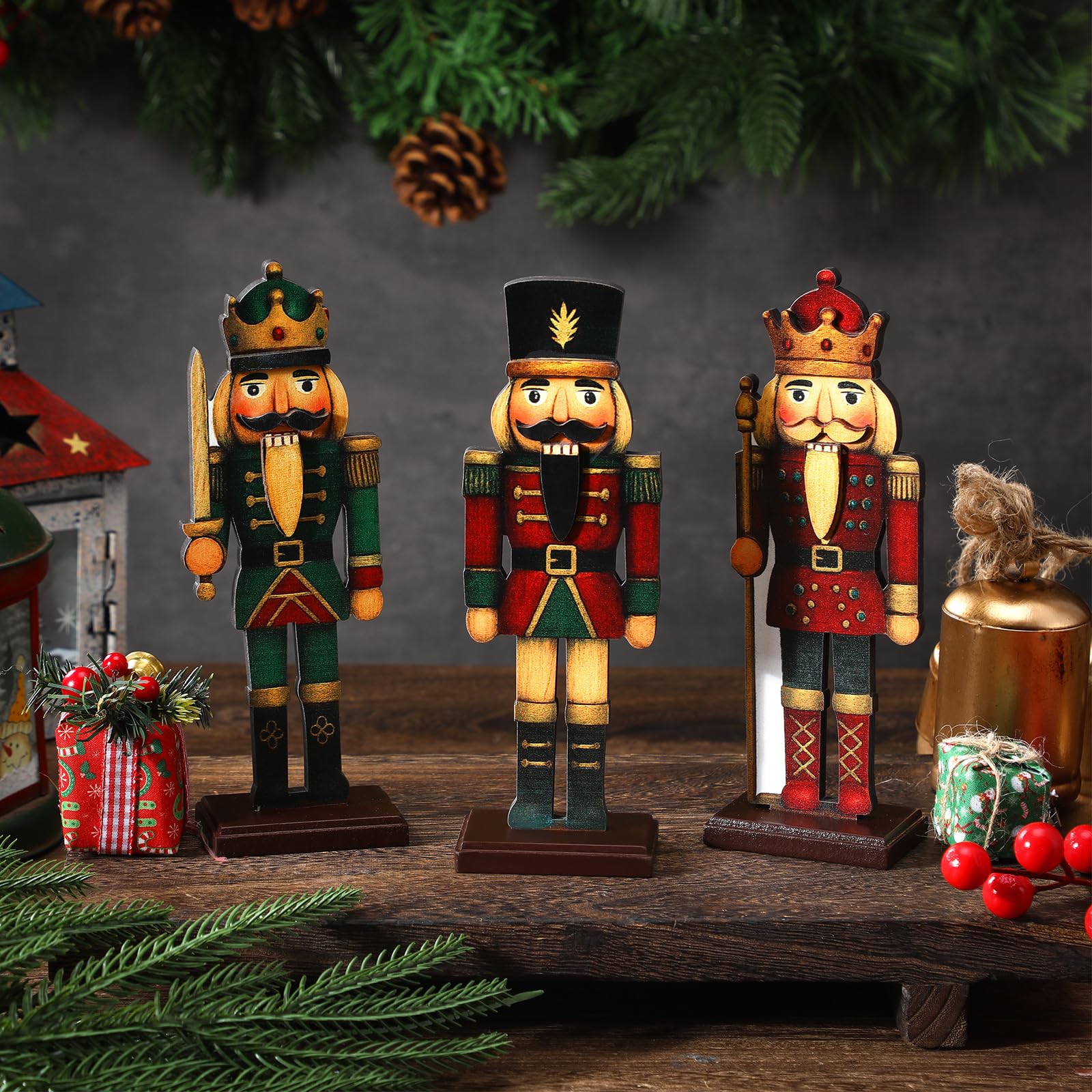 Thyle 3 Pcs Christmas Nutcracker Soldier 7 in Wooden Traditional Christmas Nutcrackers Figures Wood Veneer Vintage Xmas Tabletop